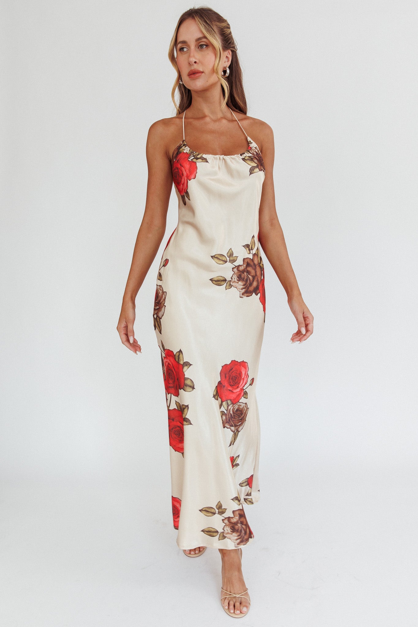 Aspen Spring Lace-Up Back Maxi Dress Floral Beige by Selfie Leslie Australia