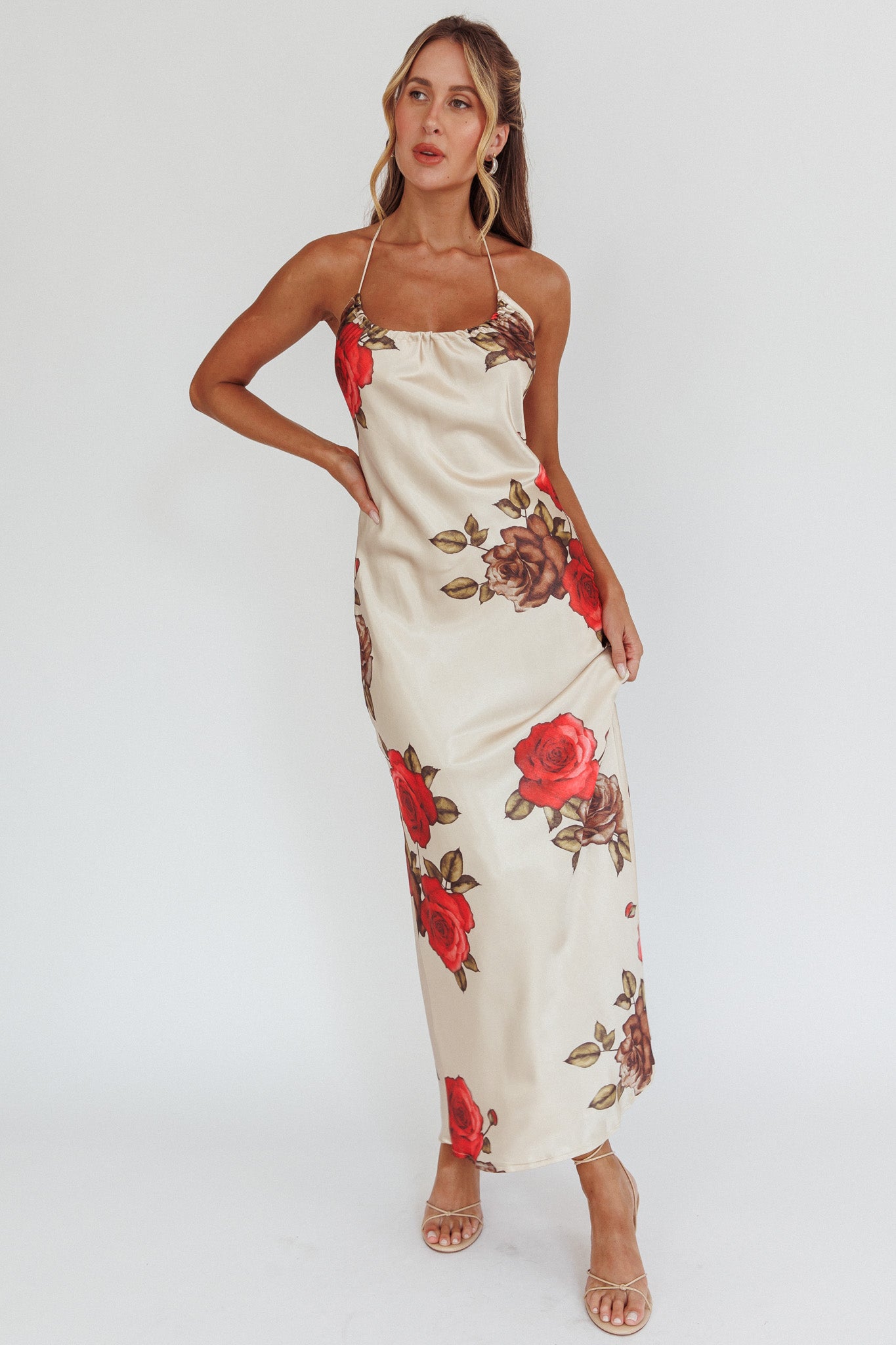 Aspen Spring Lace-Up Back Maxi Dress Floral Beige by Selfie Leslie Australia