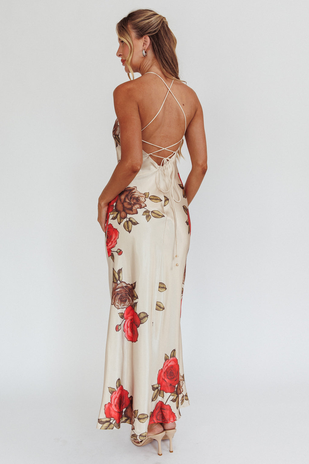 Aspen Spring Lace-Up Back Maxi Dress Floral Beige by Selfie Leslie Australia