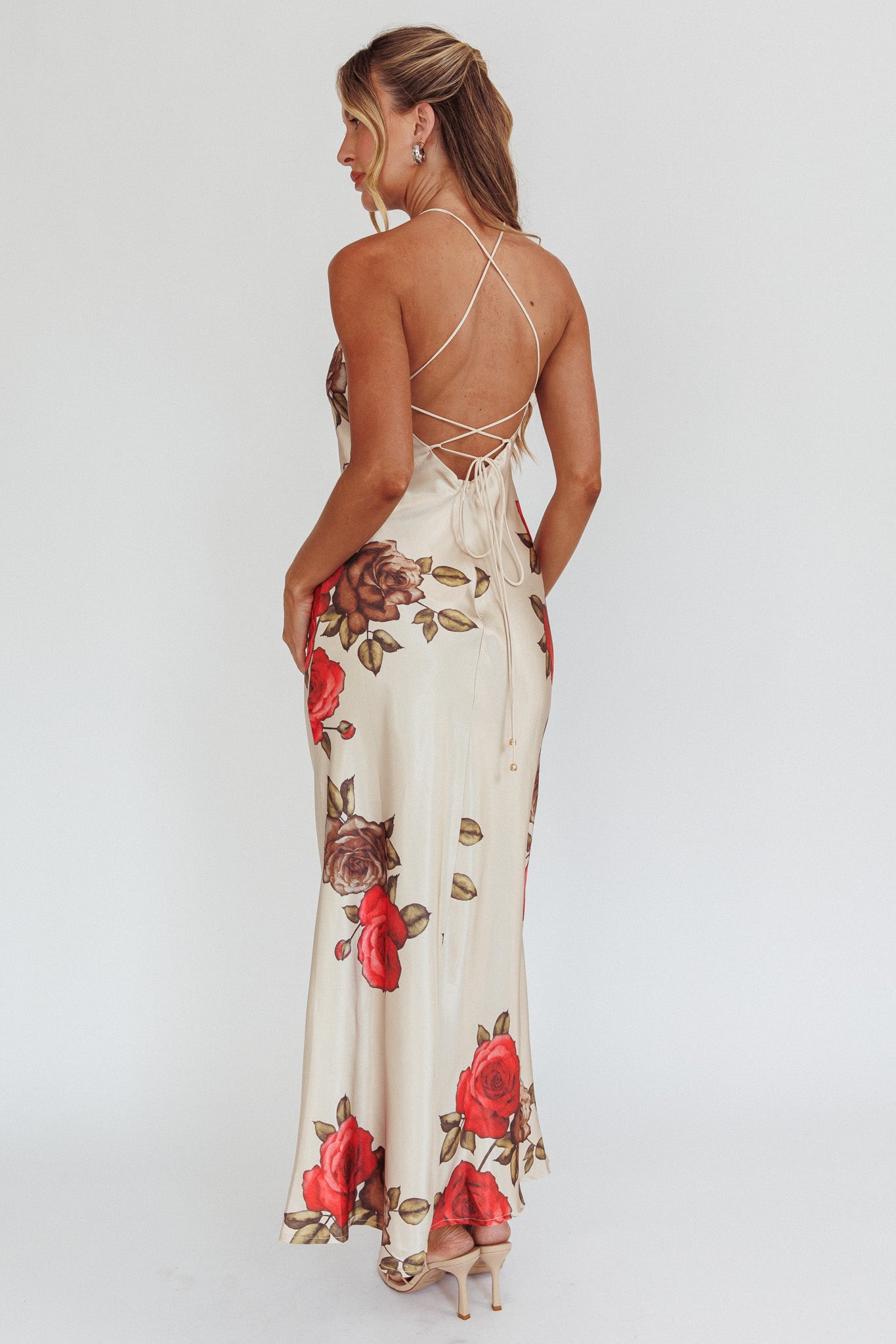 Aspen Spring Lace-Up Back Maxi Dress Floral Beige by Selfie Leslie Australia