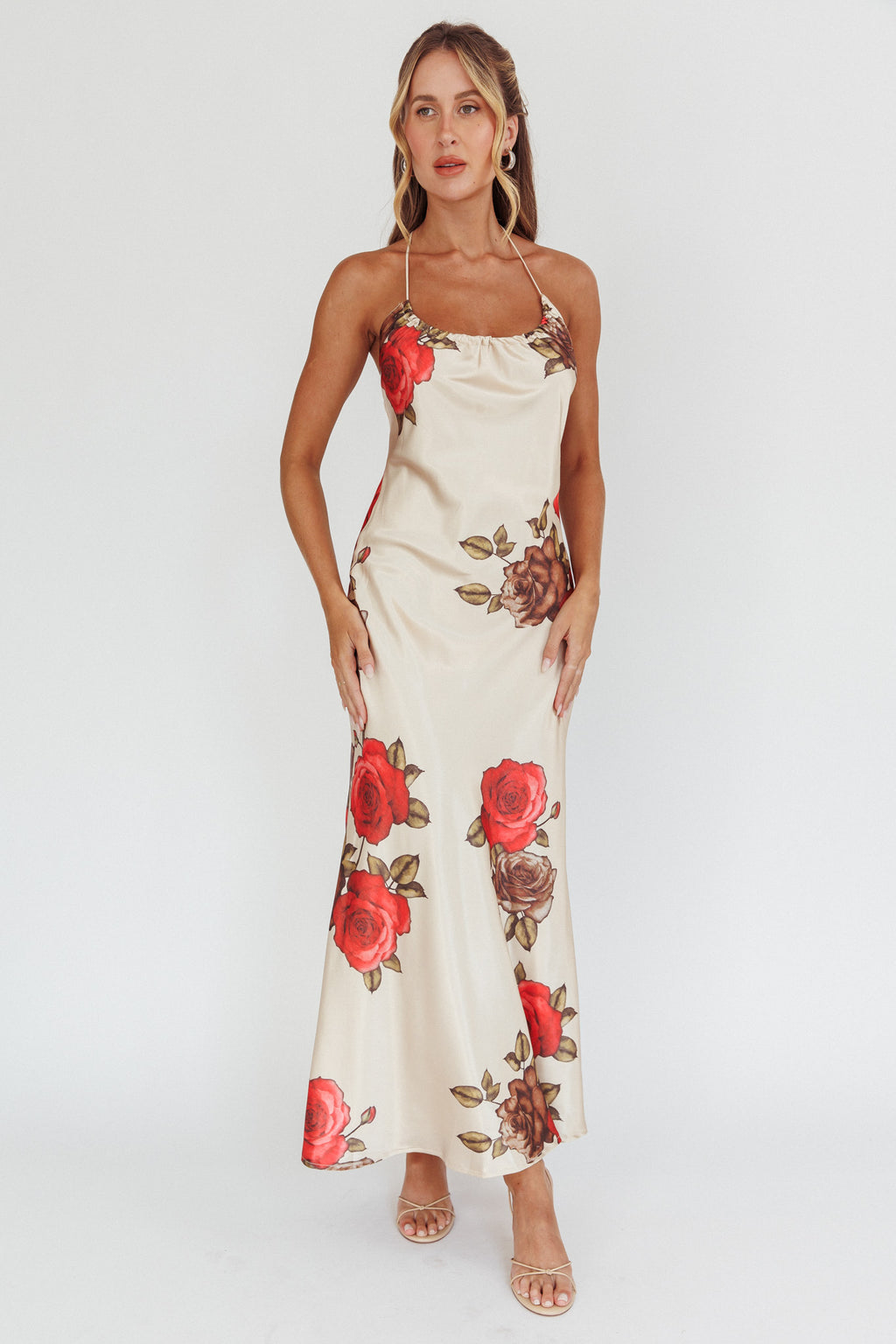 Aspen Spring Lace-Up Back Maxi Dress Floral Beige by Selfie Leslie Australia