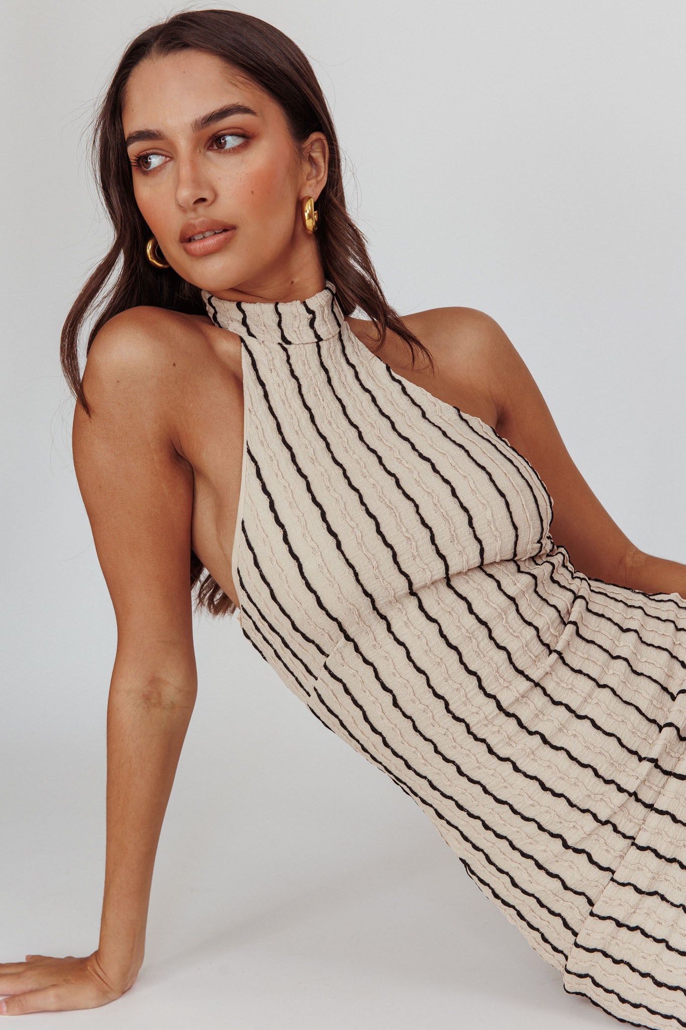 Kimchi Mockneck Halter Maxi Dress Beige by Selfie Leslie Australia