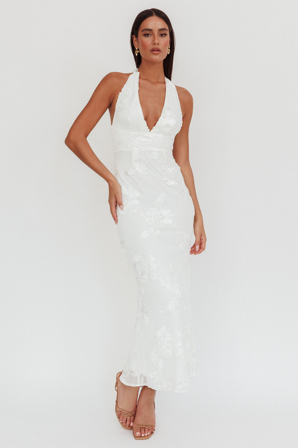 Cipriana Backless Halter Maxi Dress Embellished White by Selfie Leslie Australia