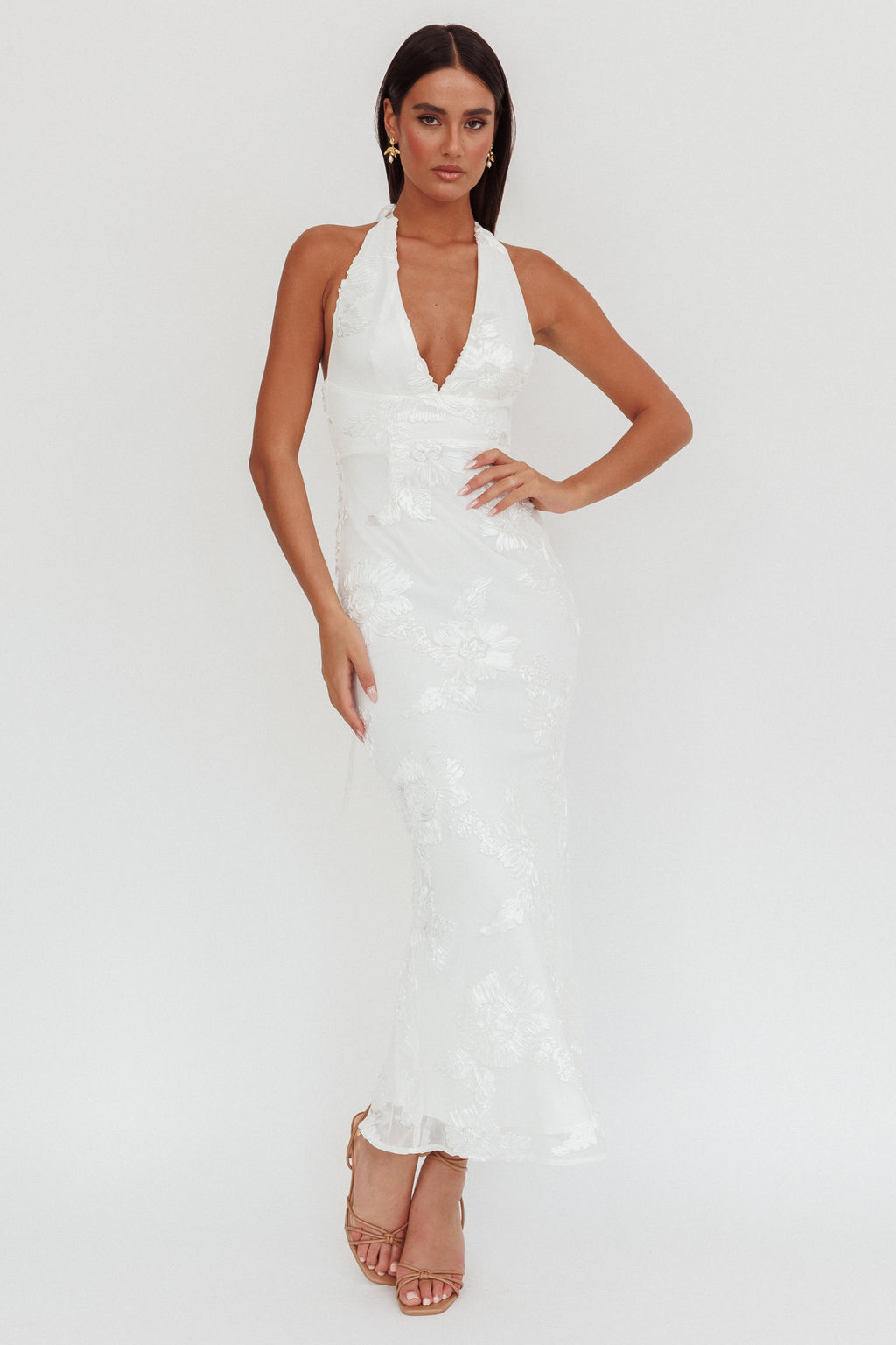 Cipriana Backless Halter Maxi Dress Embellished White by Selfie Leslie Australia