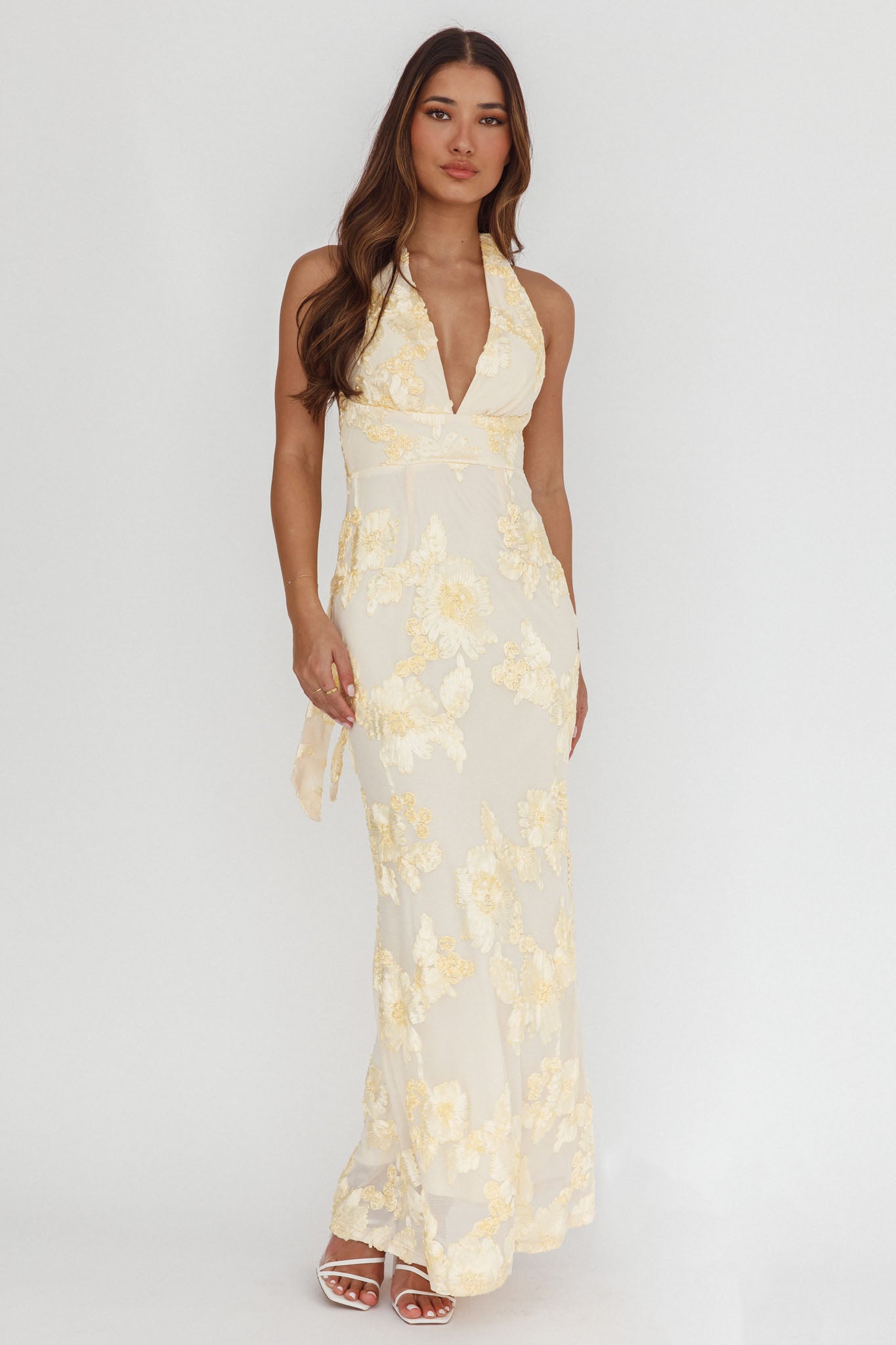 Cipriana Backless Halter Maxi Dress Embellished Yellow by Selfie Leslie Australia