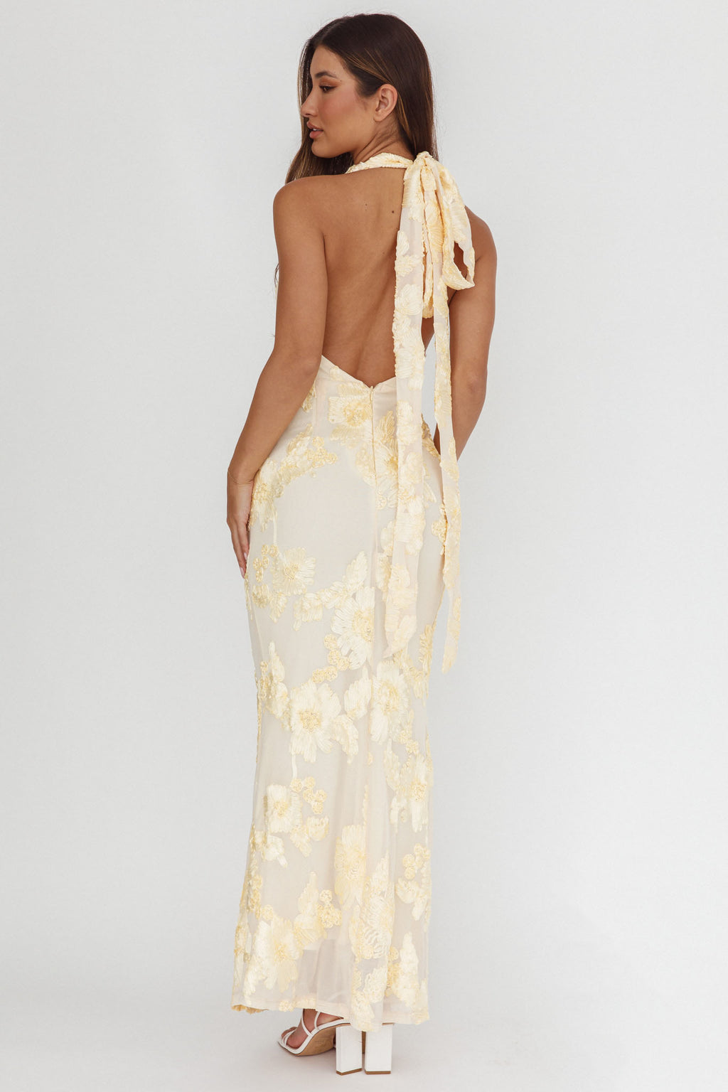 Cipriana Backless Halter Maxi Dress Embellished Yellow by Selfie Leslie Australia