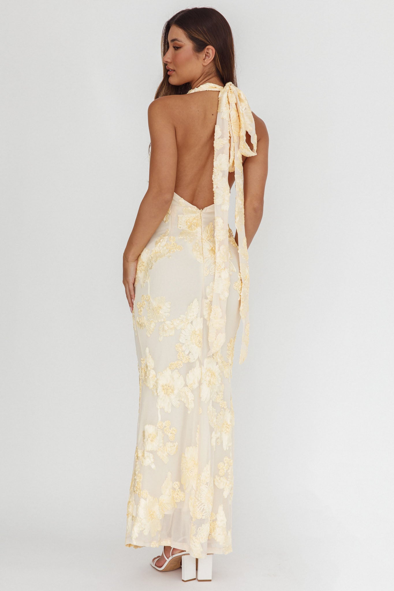 Cipriana Backless Halter Maxi Dress Embellished Yellow by Selfie Leslie Australia