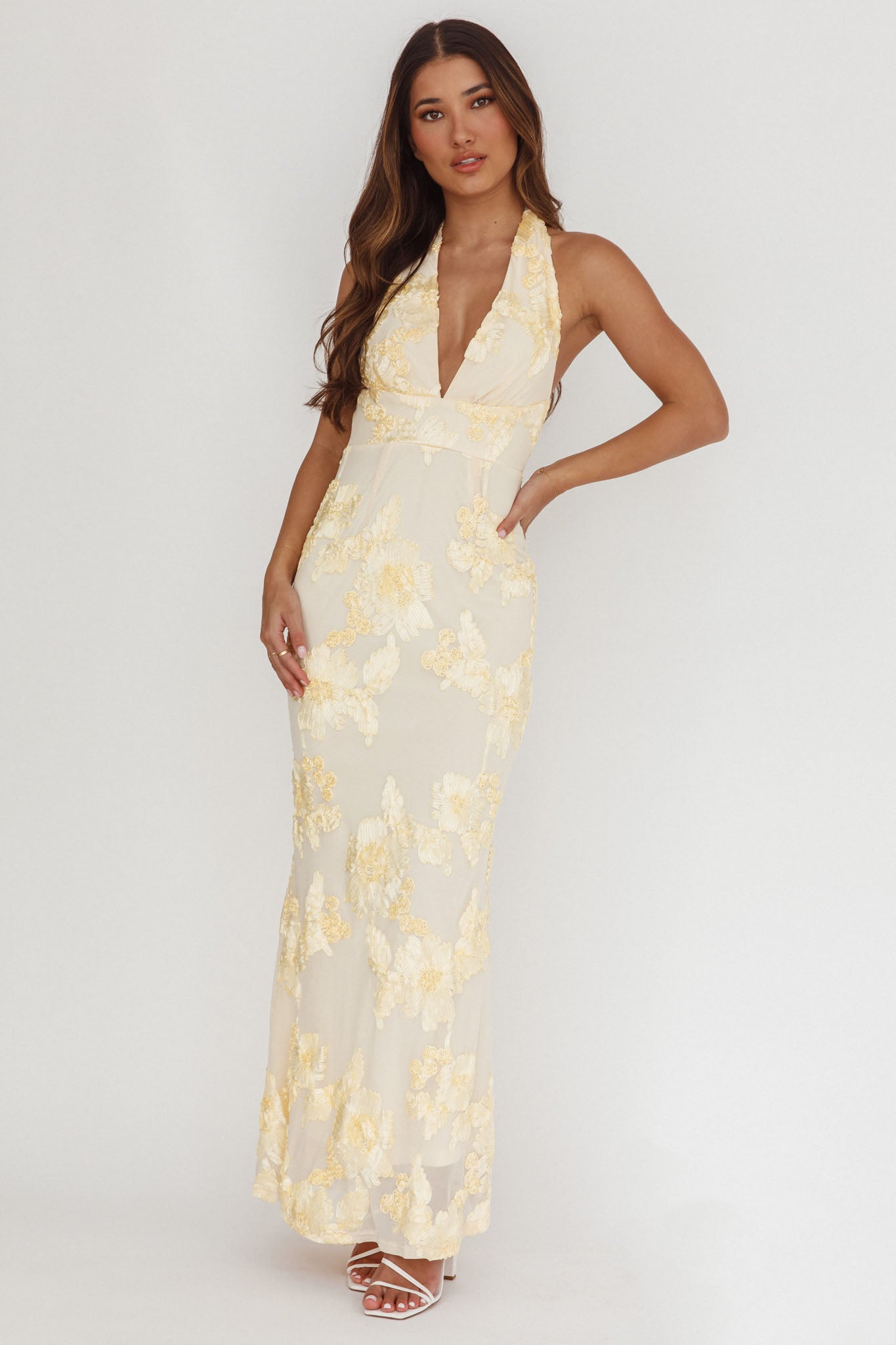 Cipriana Backless Halter Maxi Dress Embellished Yellow by Selfie Leslie Australia