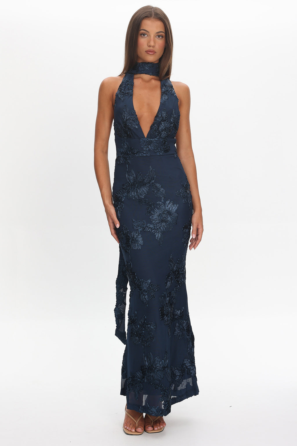 Cipriana Backless Halter Maxi Dress Embellished Navy by Selfie Leslie Australia