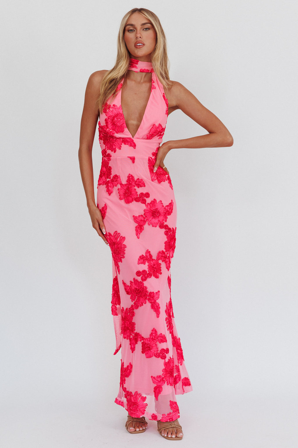 Cipriana Backless Halter Maxi Dress Embellished Pink by Selfie Leslie Australia