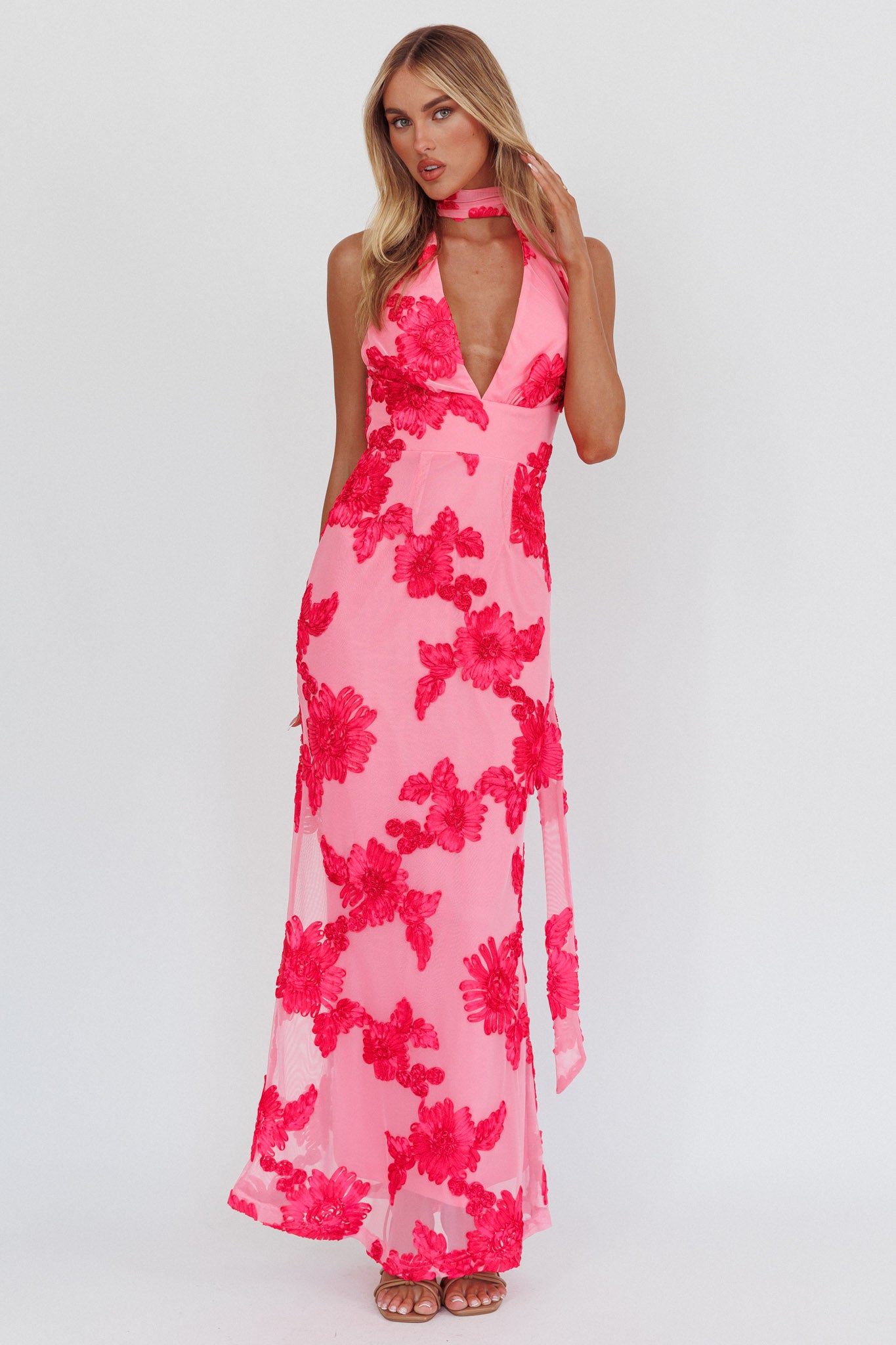 Cipriana Backless Halter Maxi Dress Embellished Pink by Selfie Leslie Australia