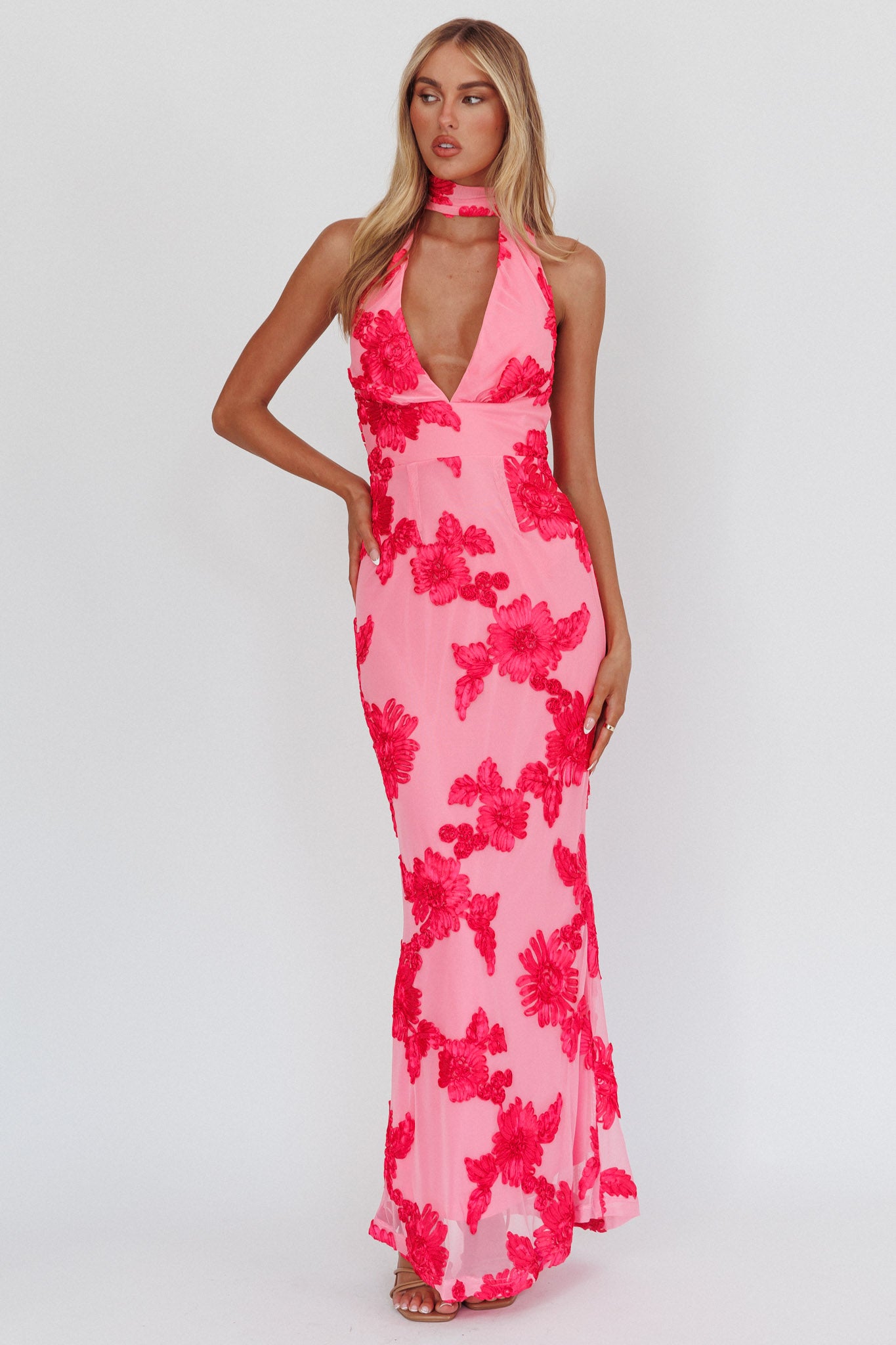 Cipriana Backless Halter Maxi Dress Embellished Pink by Selfie Leslie Australia