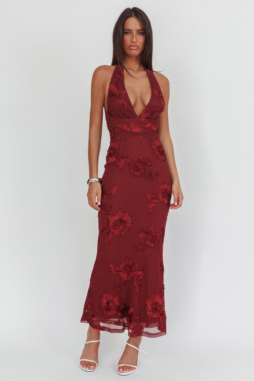 Cipriana Backless Halter Maxi Dress Embellished Wine by Selfie Leslie Australia