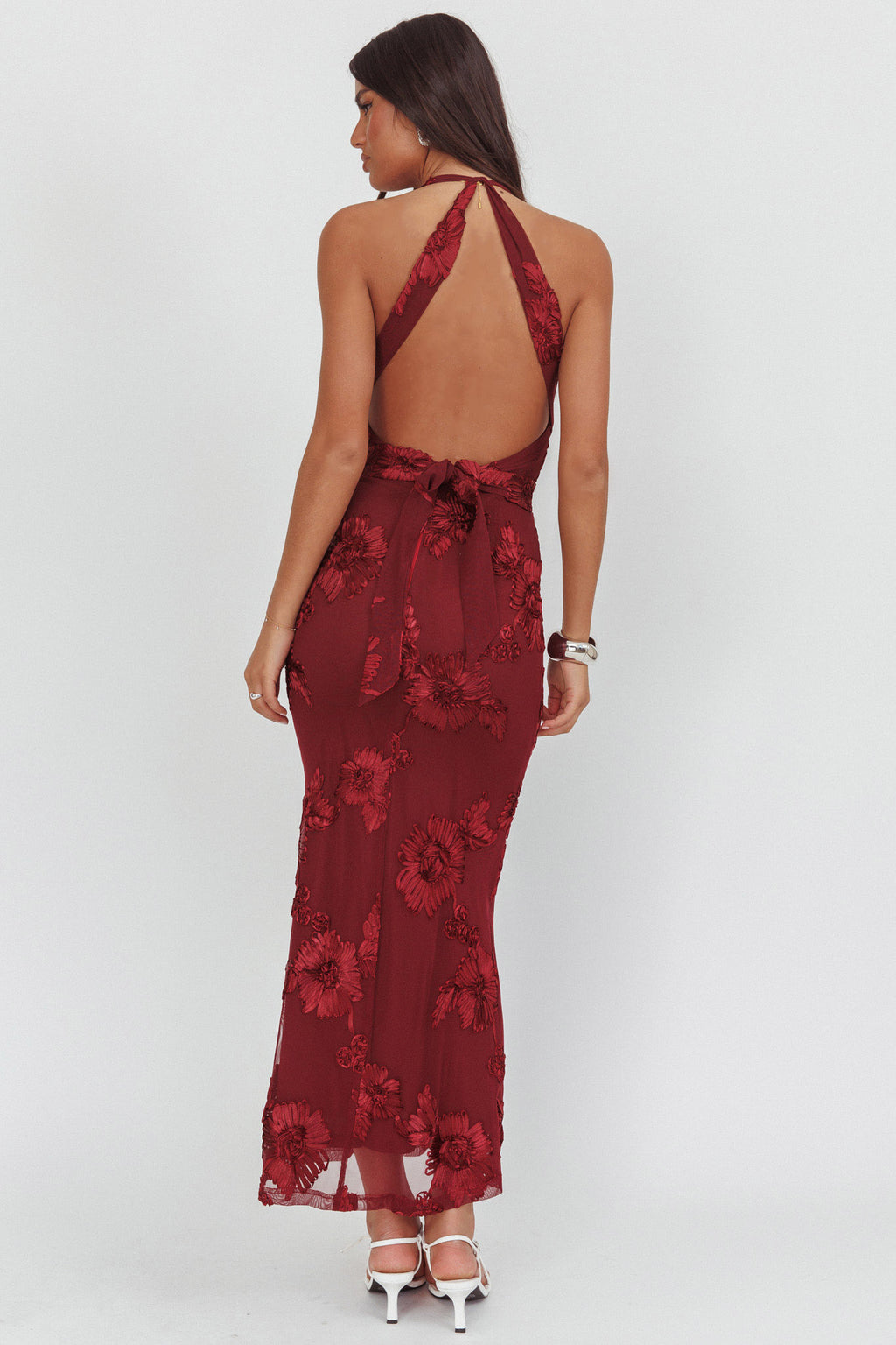 Cipriana Backless Halter Maxi Dress Embellished Wine by Selfie Leslie Australia