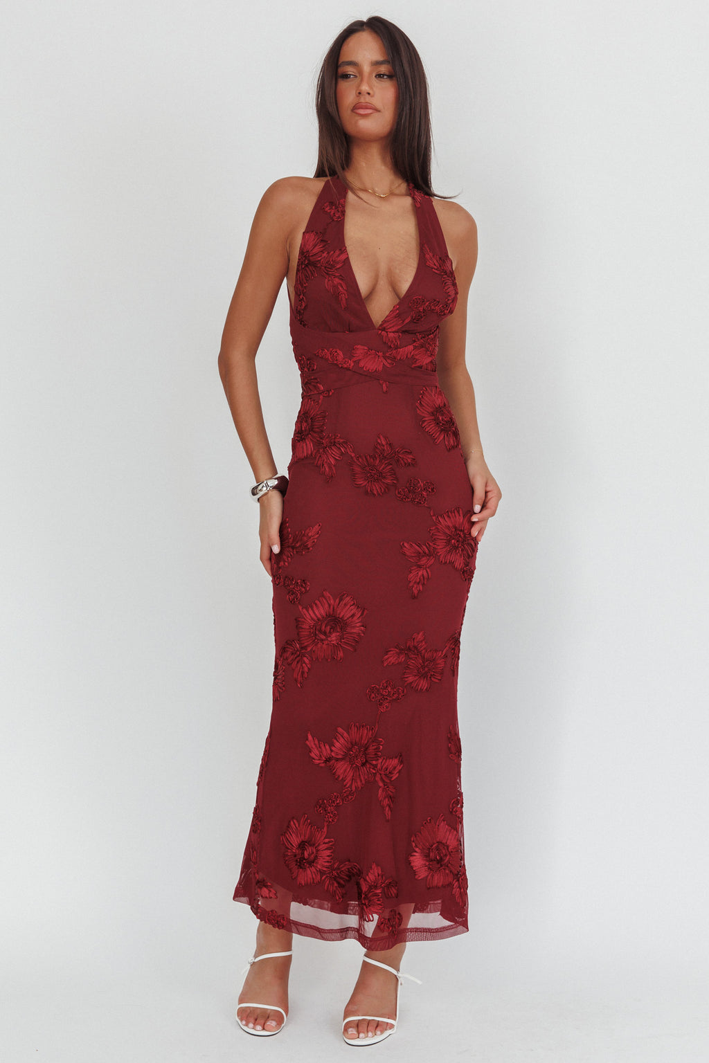 Cipriana Backless Halter Maxi Dress Embellished Wine by Selfie Leslie Australia