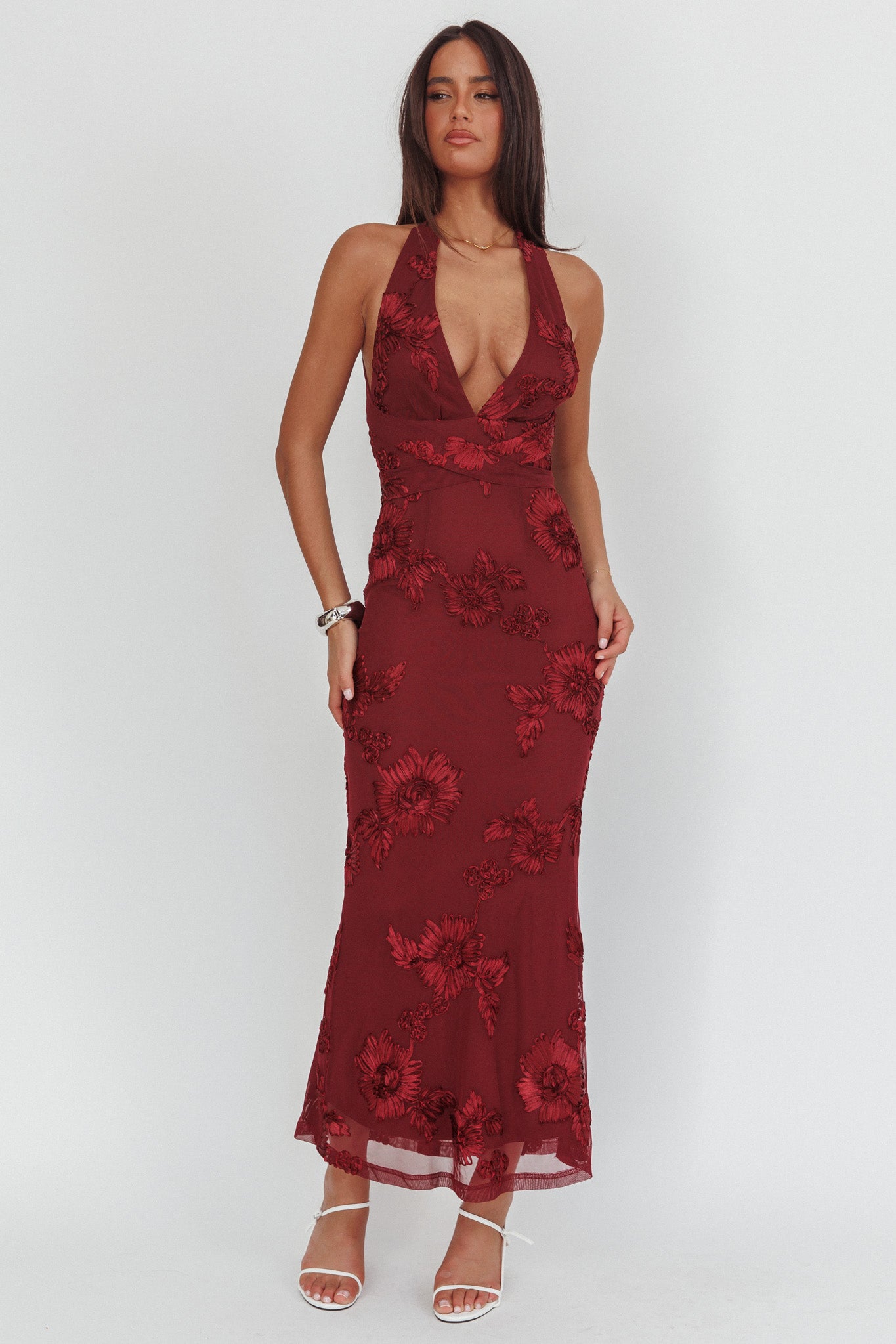 Cipriana Backless Halter Maxi Dress Embellished Wine by Selfie Leslie Australia