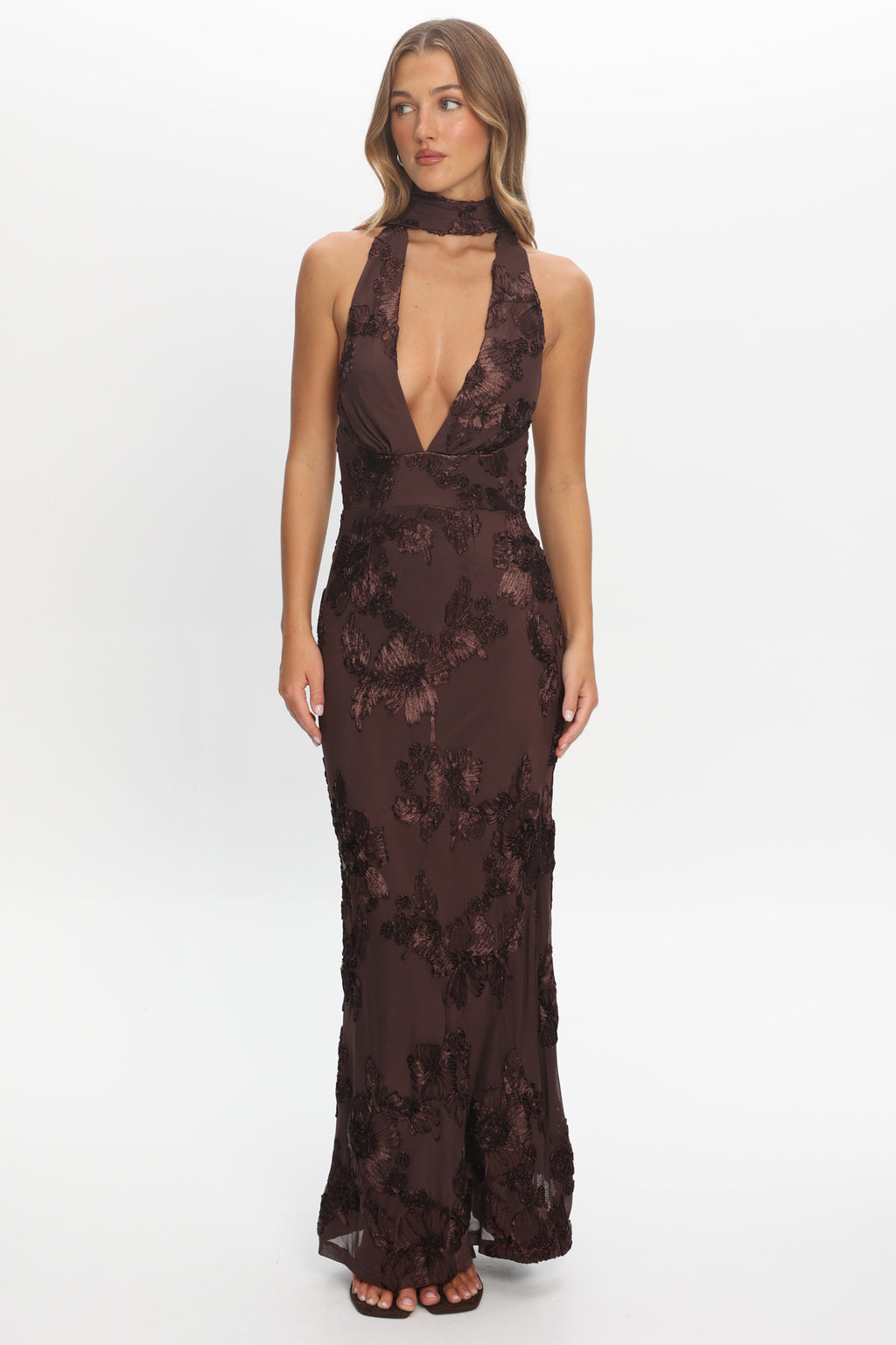 Cipriana Backless Halter Maxi Dress Embellished Brown by Selfie Leslie Australia