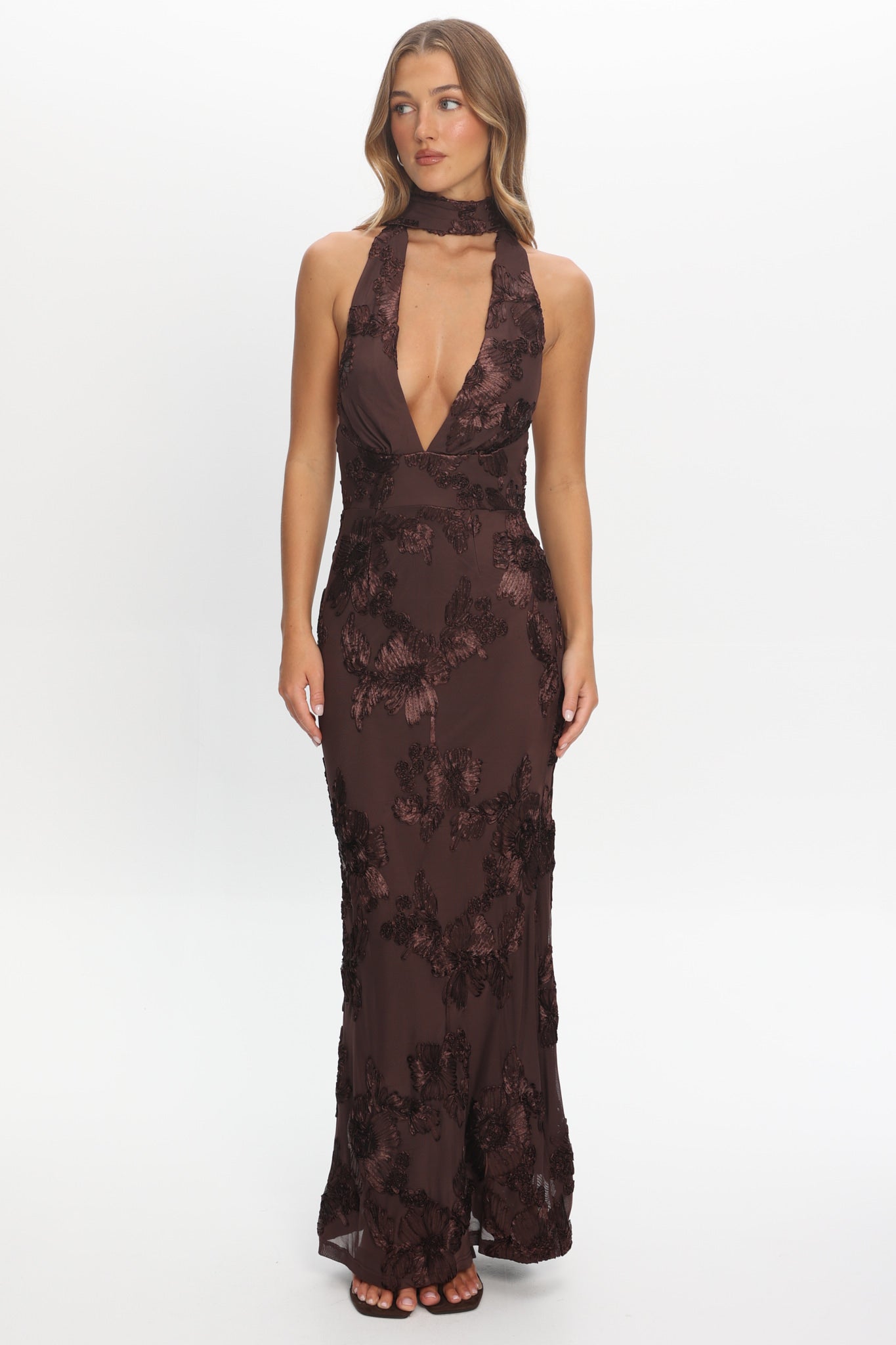 Cipriana Backless Halter Maxi Dress Embellished Brown by Selfie Leslie Australia
