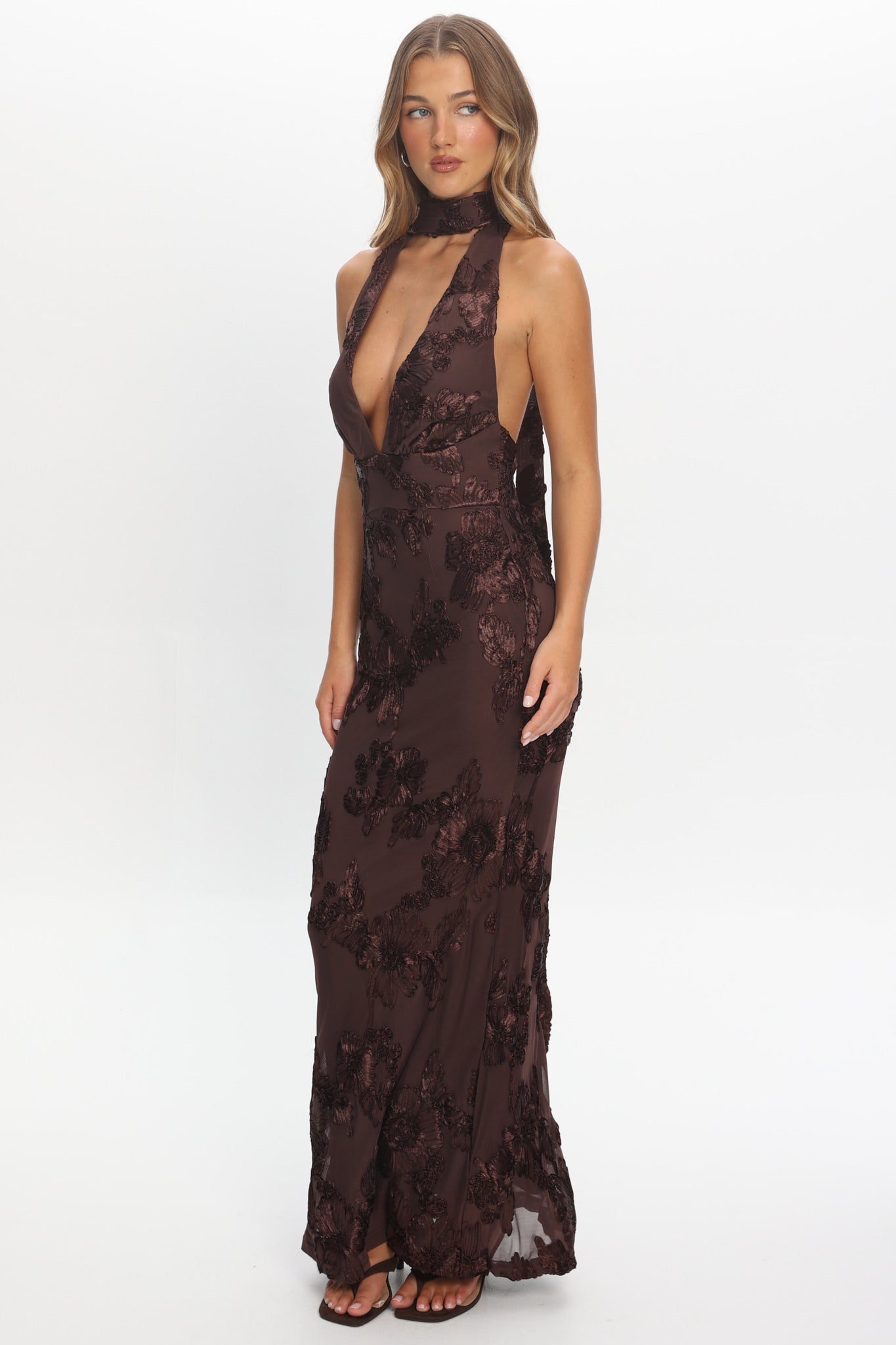 Cipriana Backless Halter Maxi Dress Embellished Brown by Selfie Leslie Australia