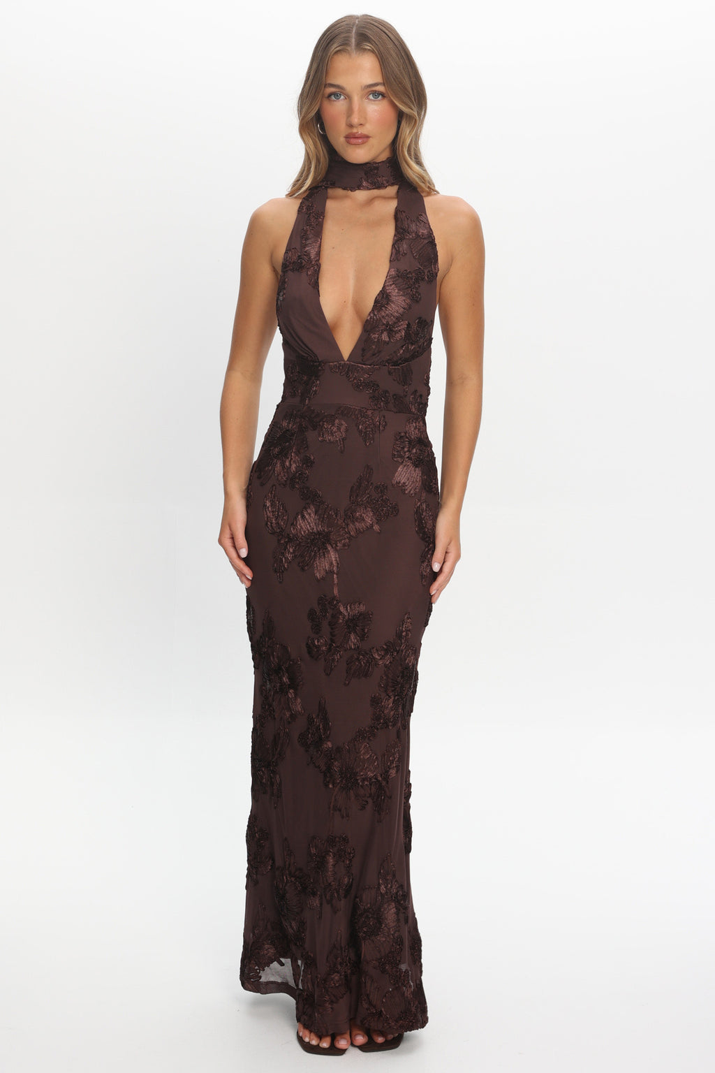 Cipriana Backless Halter Maxi Dress Embellished Brown by Selfie Leslie Australia