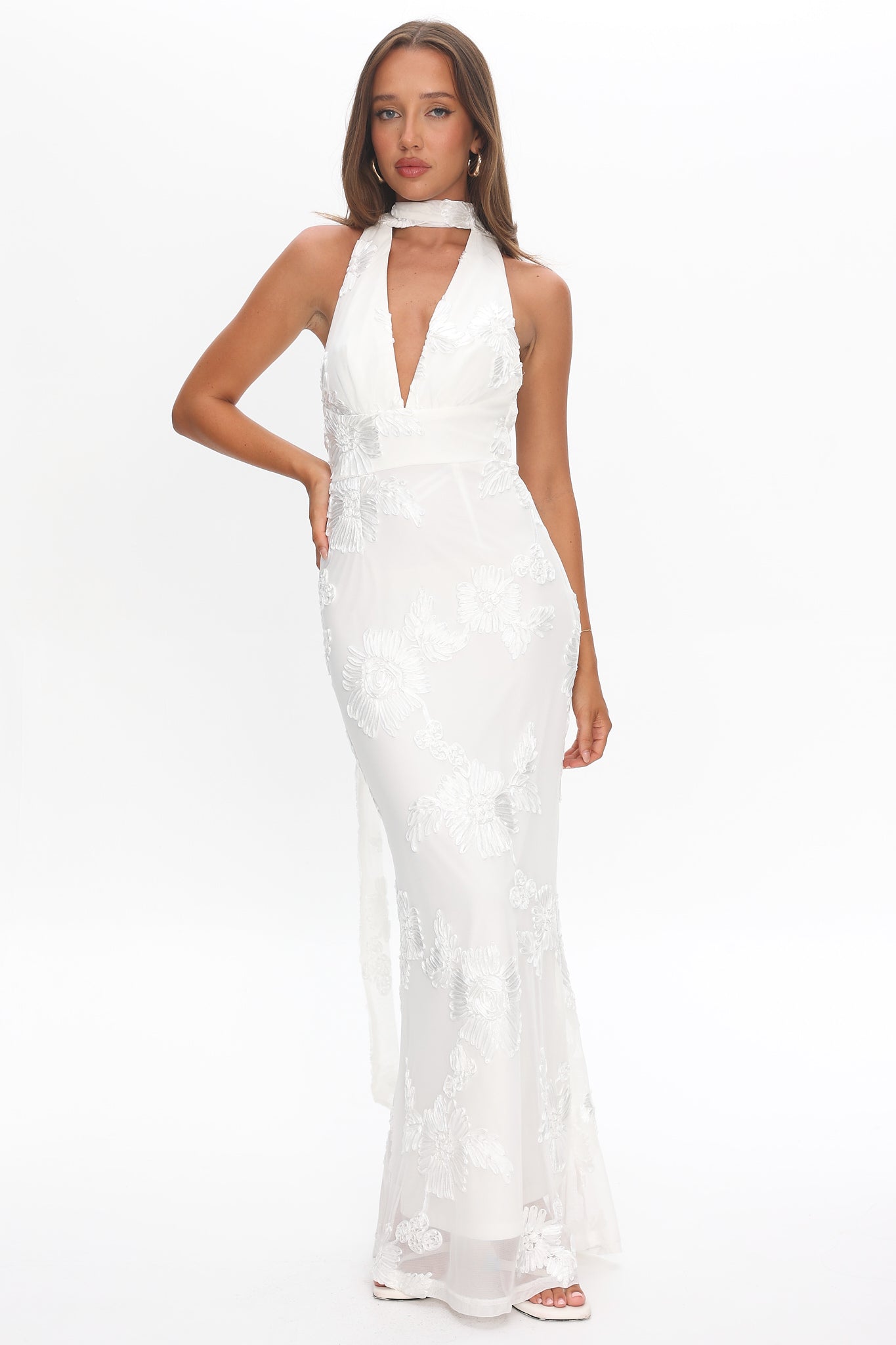 Cipriana Backless Halter Maxi Dress Embellished Floral White by Selfie Leslie Australia