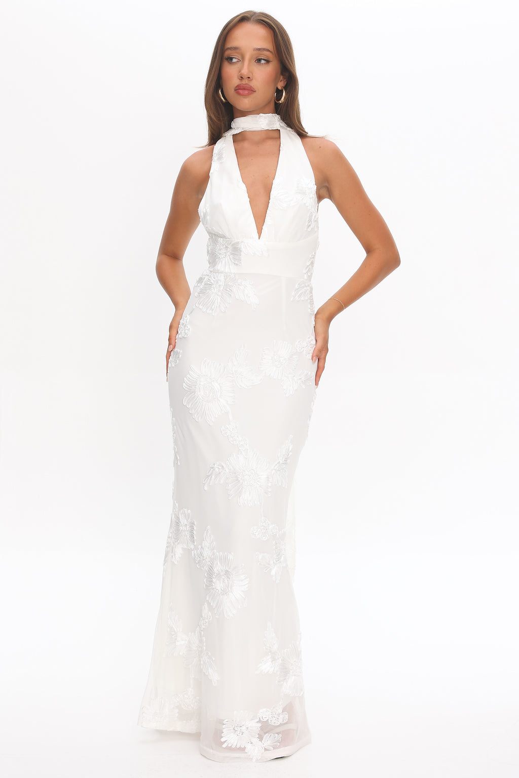 Cipriana Backless Halter Maxi Dress Embellished Floral White by Selfie Leslie Australia