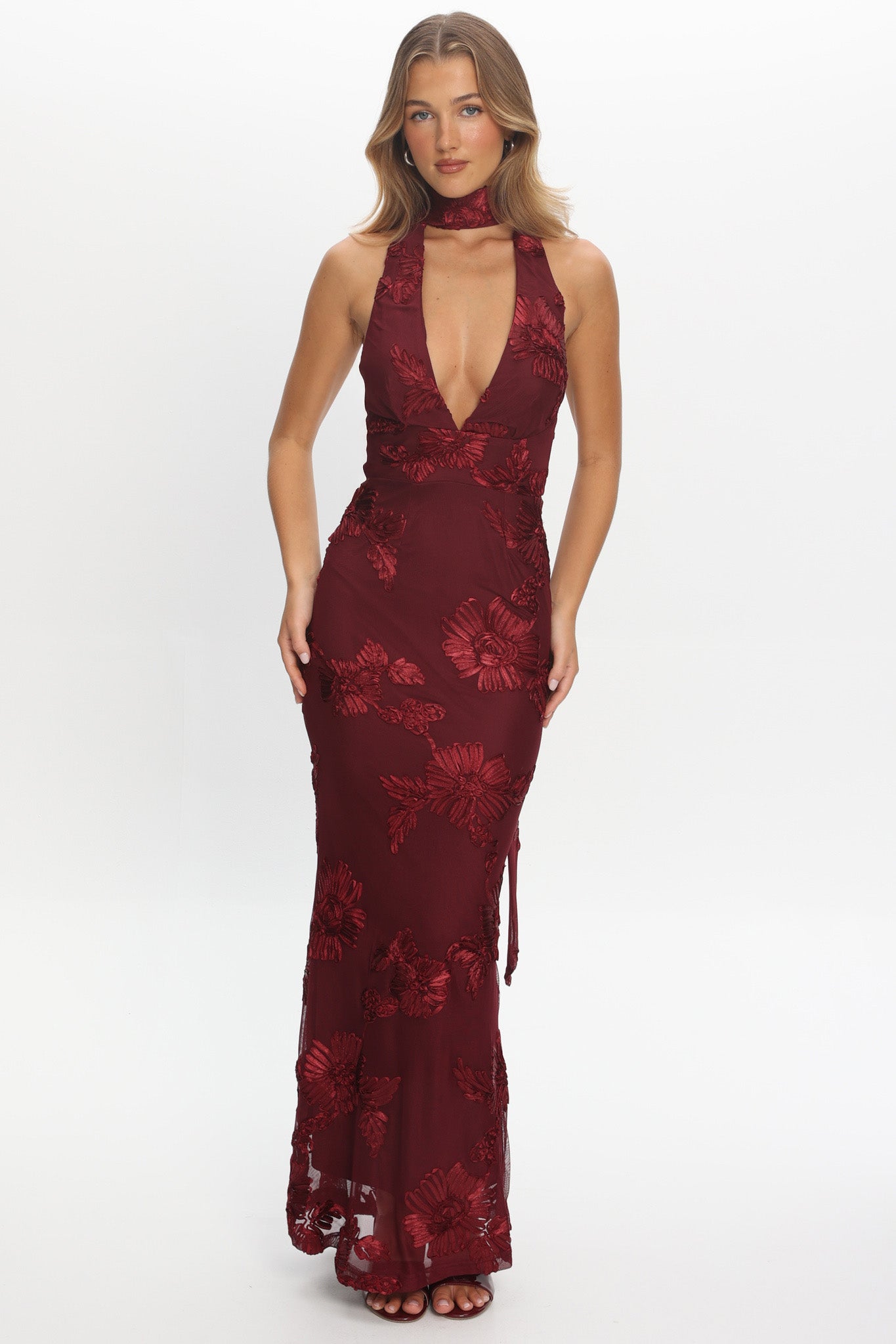 Cipriana Backless Halter Maxi Dress Embellished Wine by Selfie Leslie Australia
