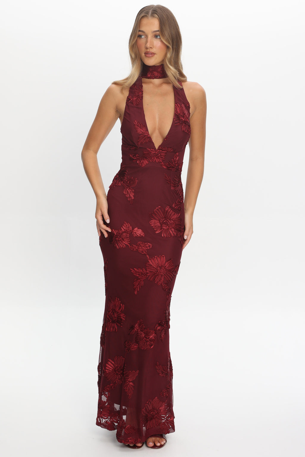 Cipriana Backless Halter Maxi Dress Embellished Wine by Selfie Leslie Australia