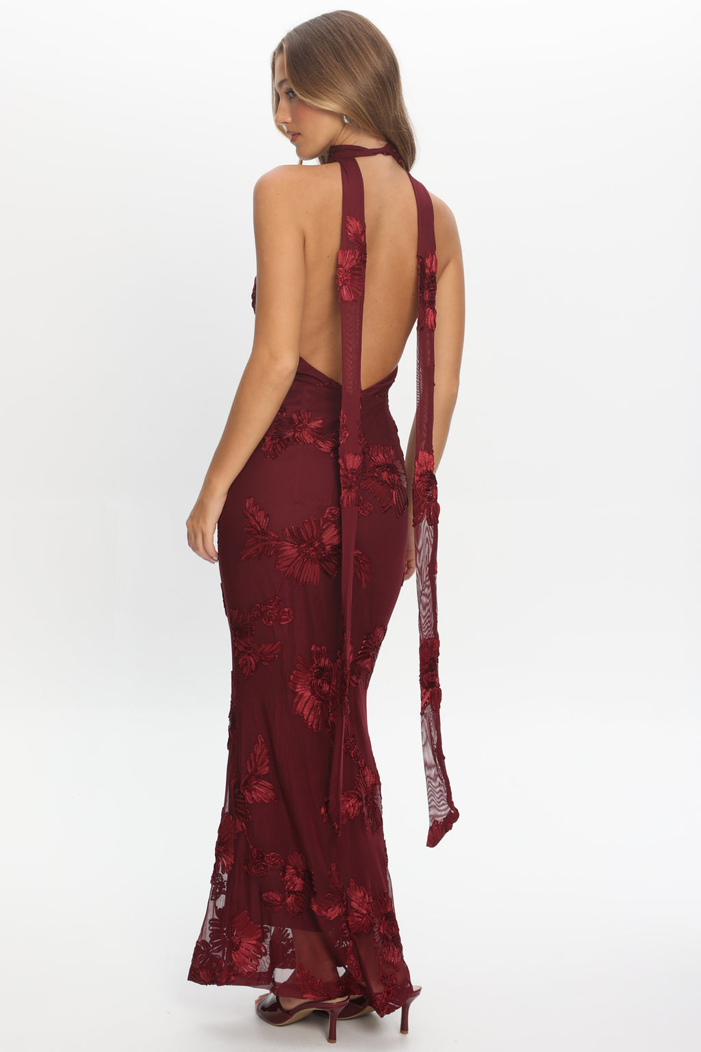 Cipriana Backless Halter Maxi Dress Embellished Wine by Selfie Leslie Australia