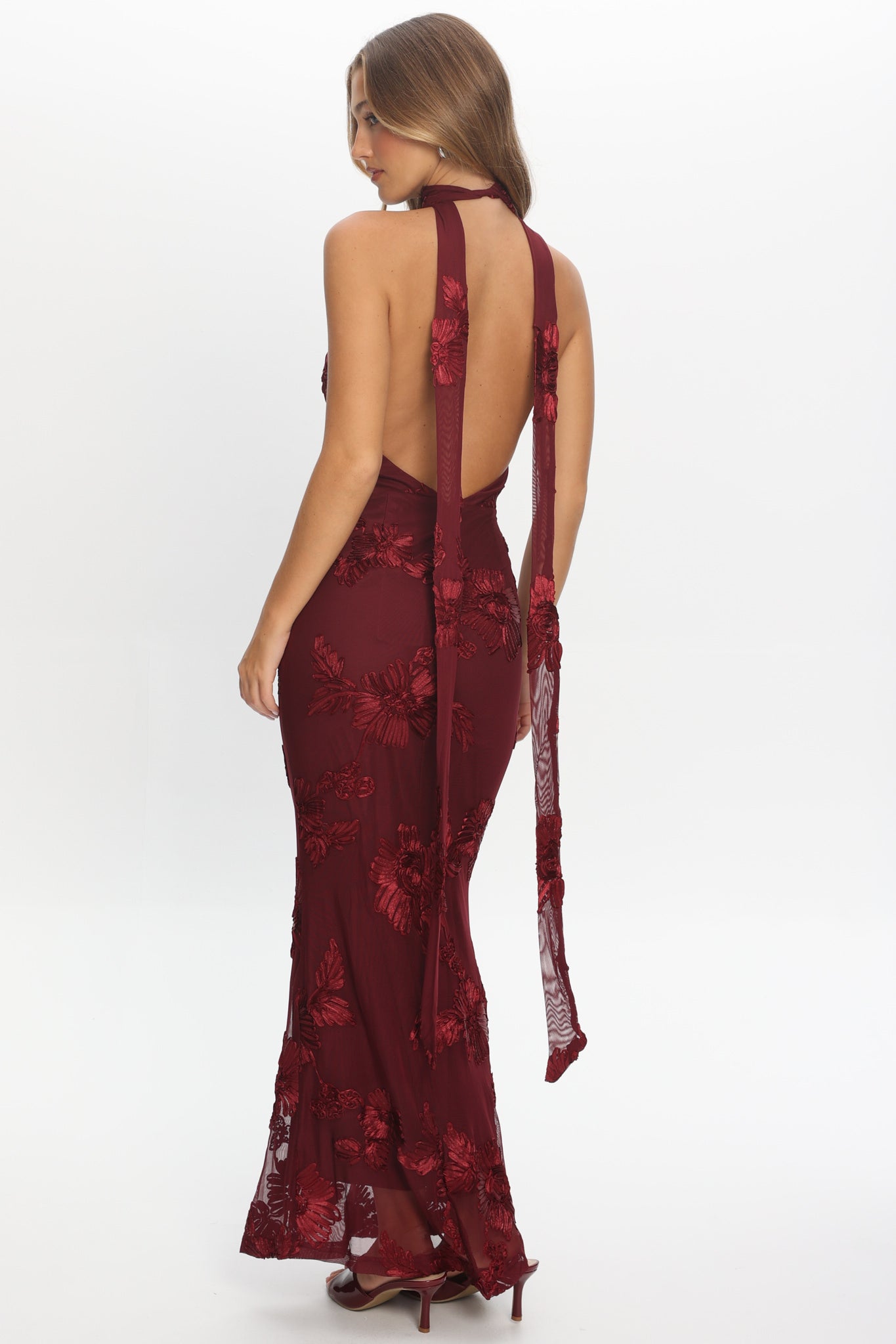 Cipriana Backless Halter Maxi Dress Embellished Wine by Selfie Leslie Australia