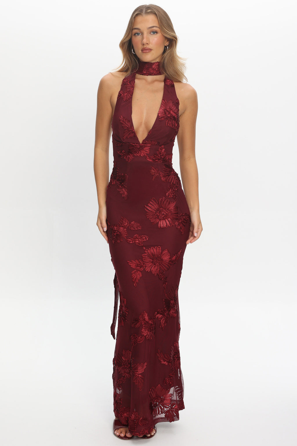 Cipriana Backless Halter Maxi Dress Embellished Wine by Selfie Leslie Australia