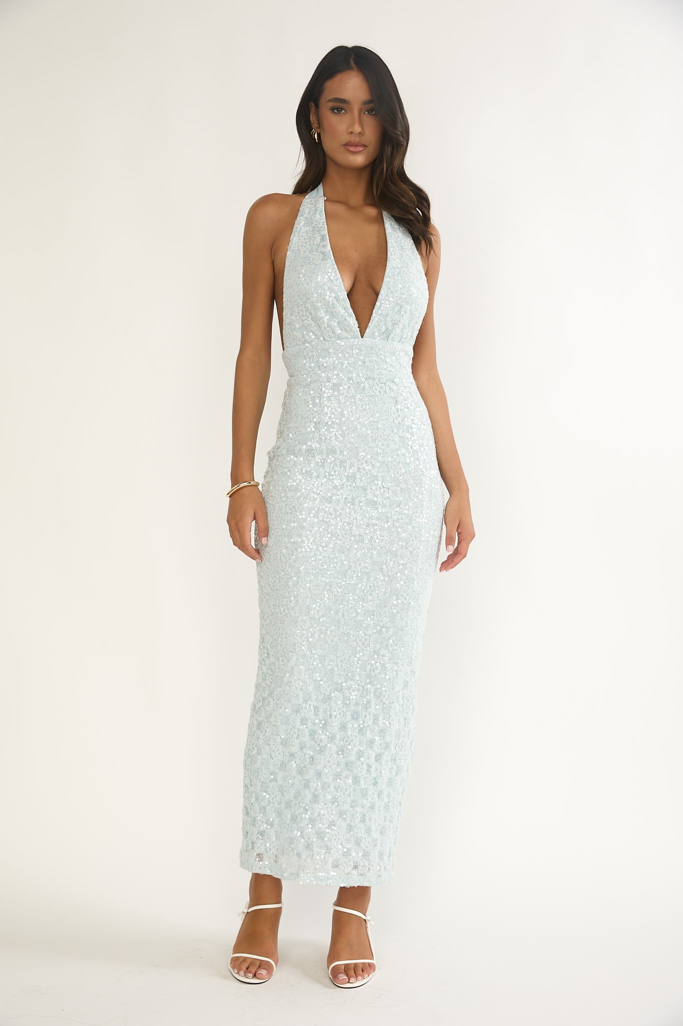 Cipriana Backless Halter Maxi Dress Sequin Blue by Selfie Leslie Australia