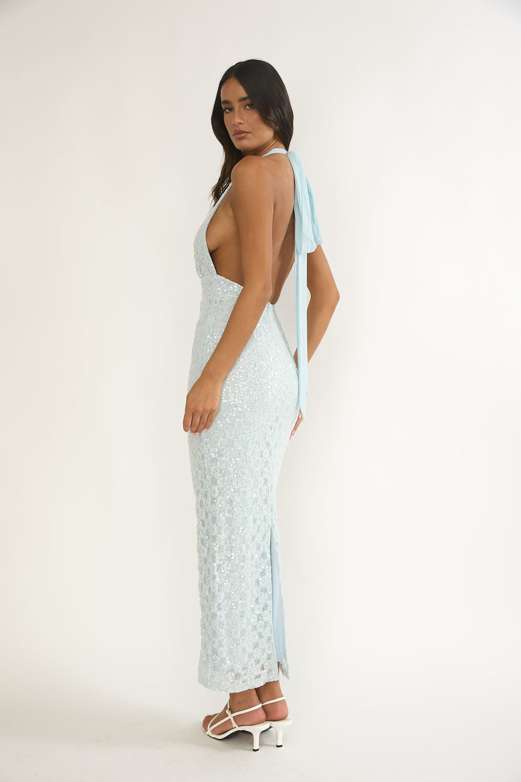 Cipriana Backless Halter Maxi Dress Sequin Blue by Selfie Leslie Australia