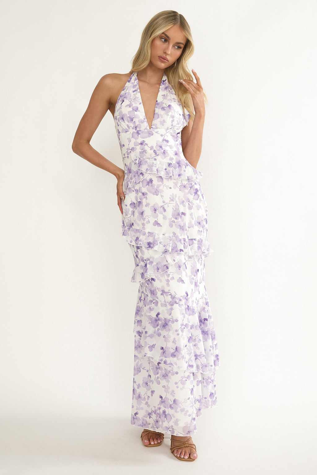 Cipriana Frill Trim Halter Maxi Dress Floral Purple by Selfie Leslie Australia