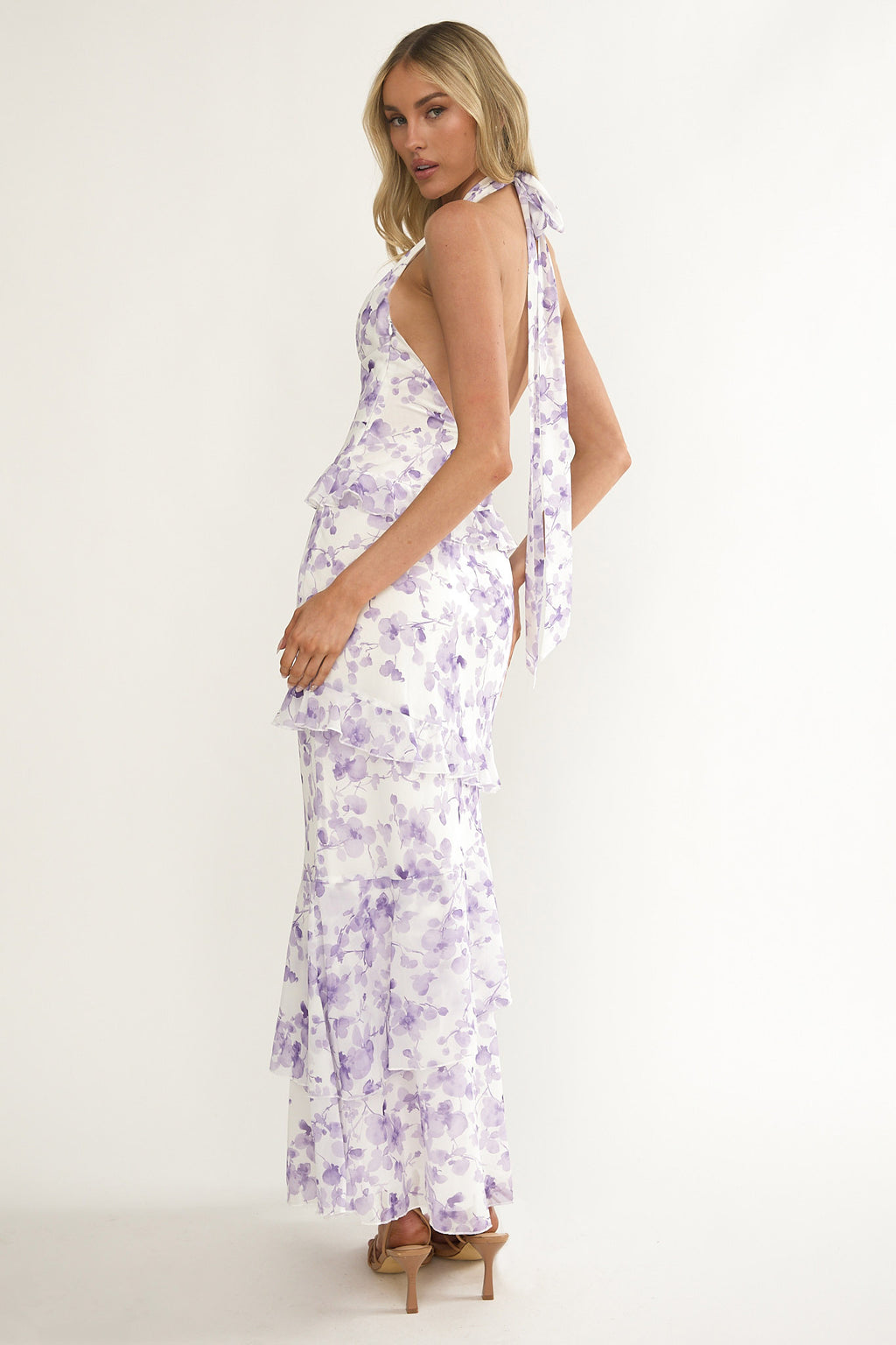 Cipriana Frill Trim Halter Maxi Dress Floral Purple by Selfie Leslie Australia