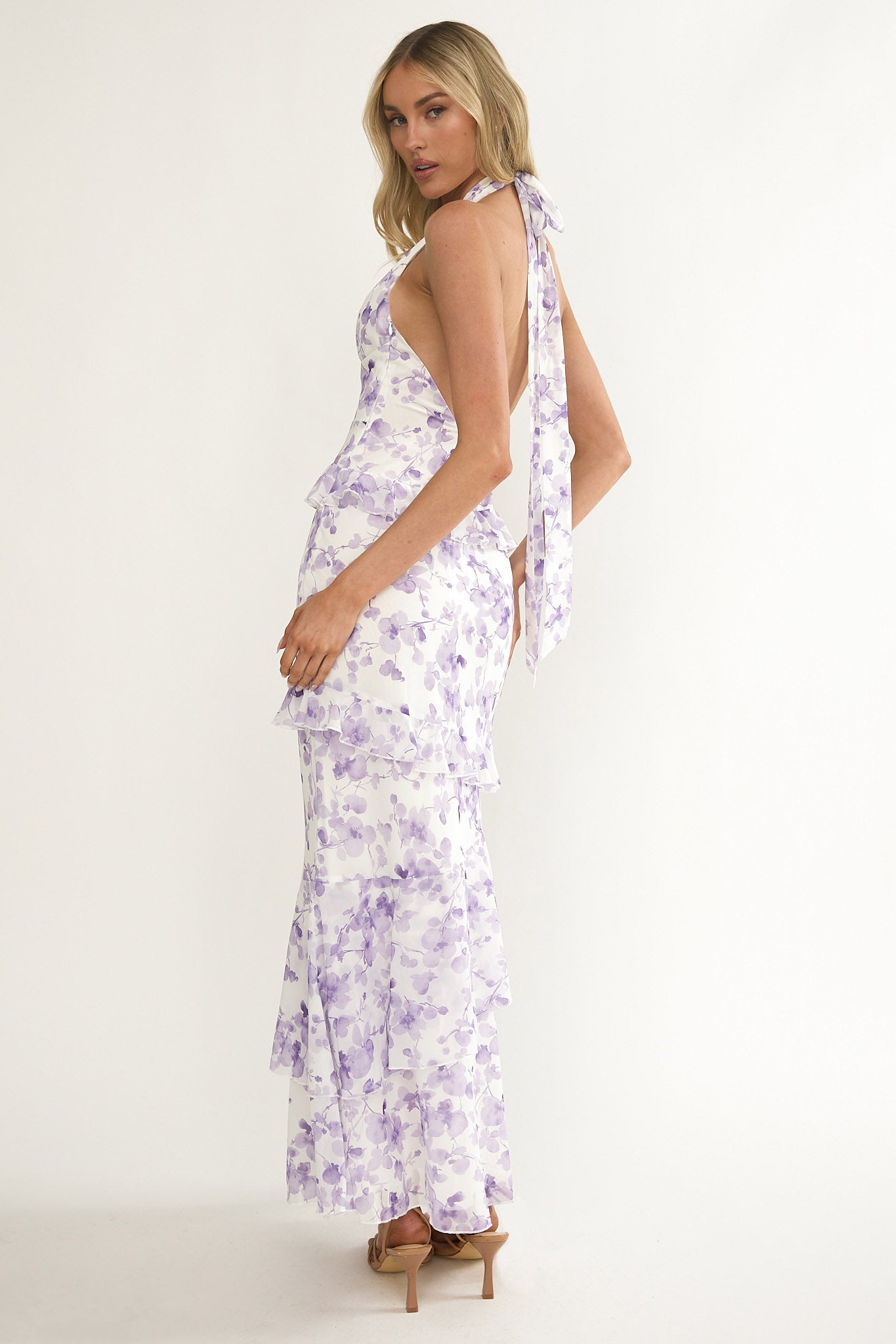 Cipriana Frill Trim Halter Maxi Dress Floral Purple by Selfie Leslie Australia