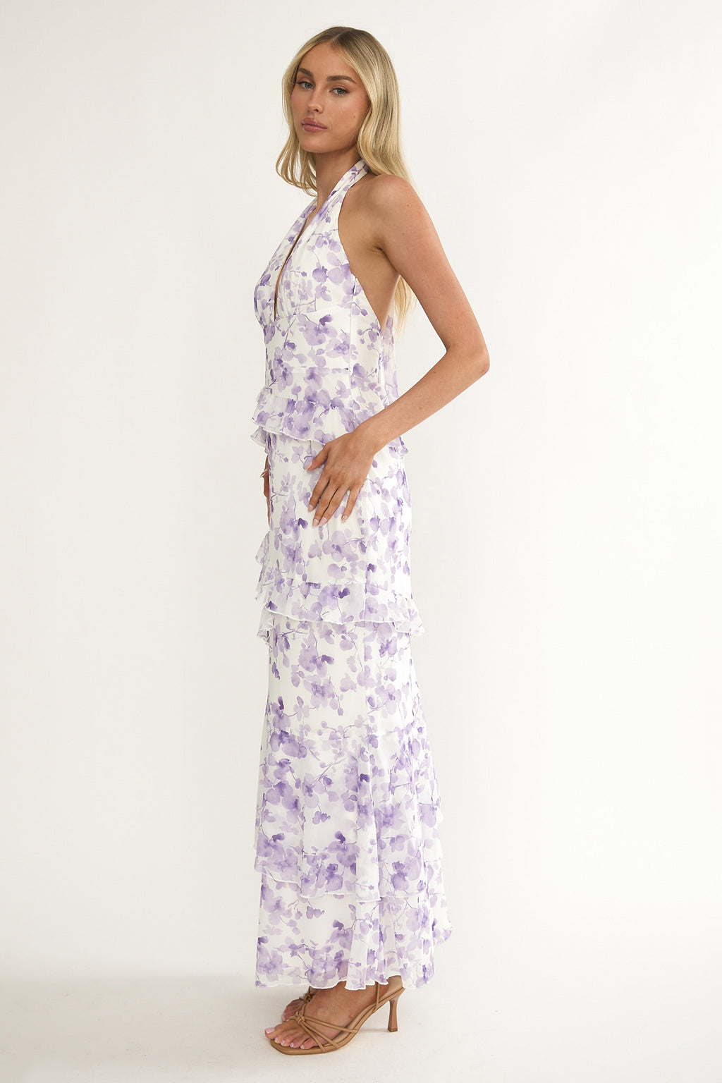 Cipriana Frill Trim Halter Maxi Dress Floral Purple by Selfie Leslie Australia