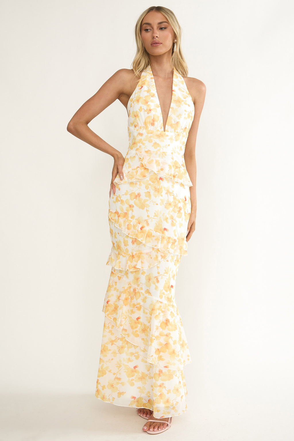 Cipriana Frill Trim Halter Maxi Dress Floral Yellow by Selfie Leslie Australia