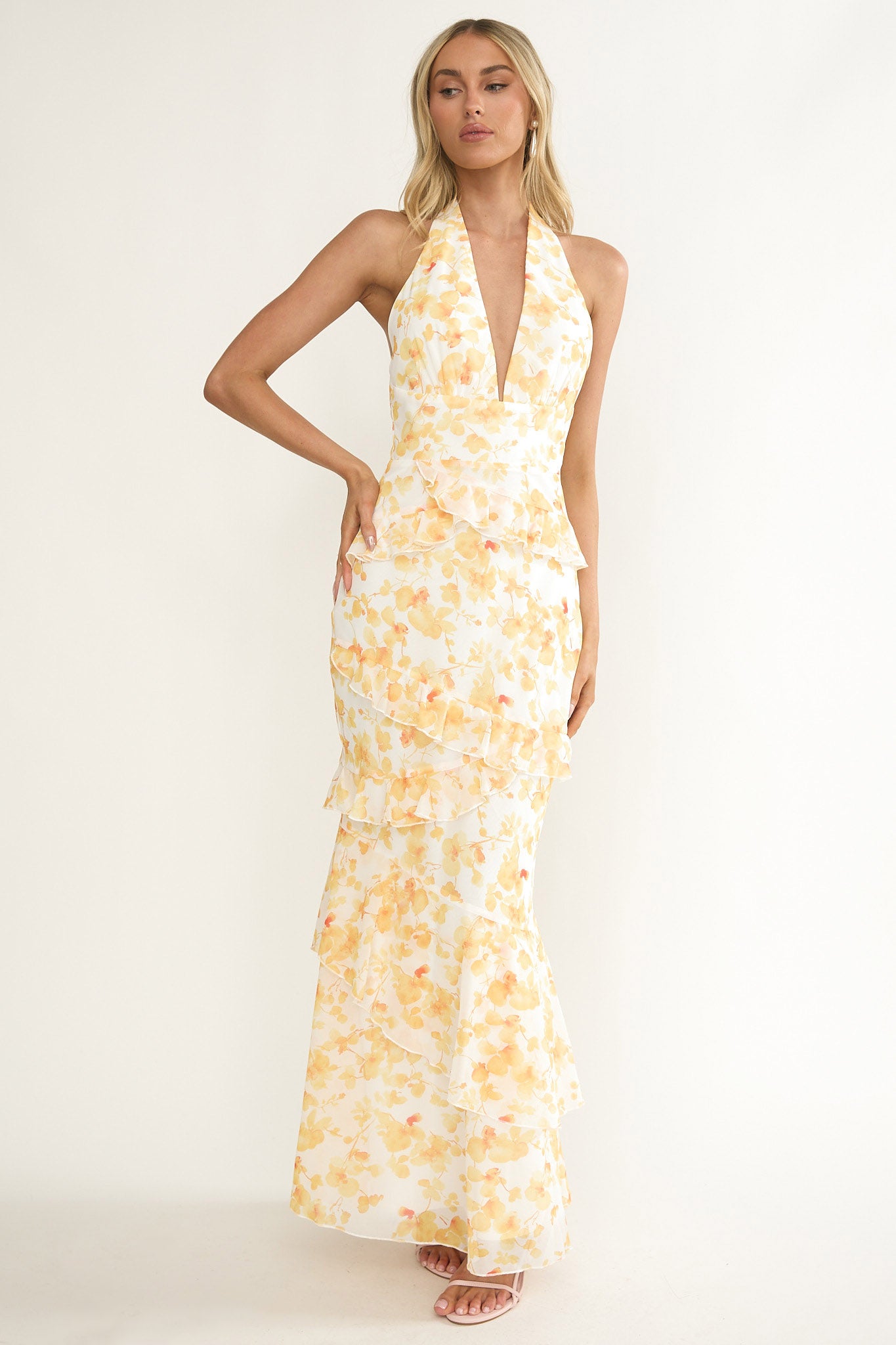 Cipriana Frill Trim Halter Maxi Dress Floral Yellow by Selfie Leslie Australia