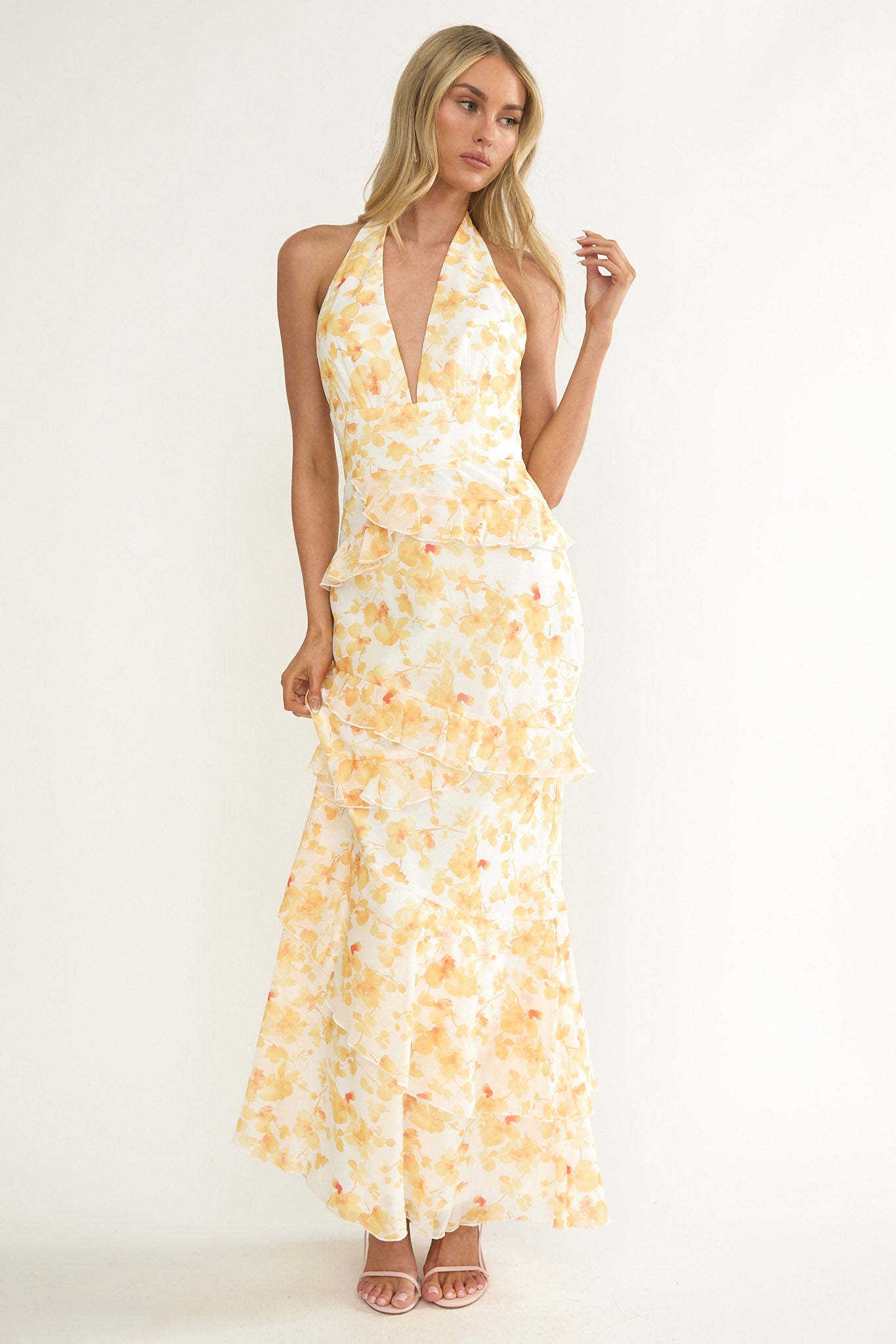 Cipriana Frill Trim Halter Maxi Dress Floral Yellow by Selfie Leslie Australia