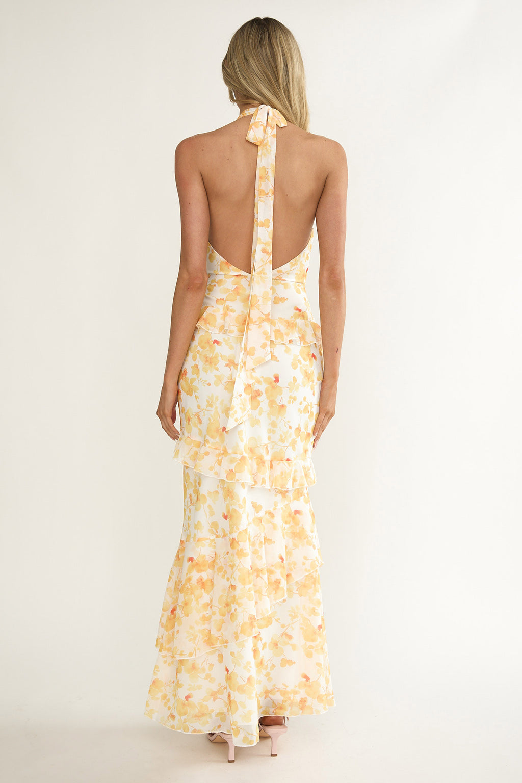 Cipriana Frill Trim Halter Maxi Dress Floral Yellow by Selfie Leslie Australia