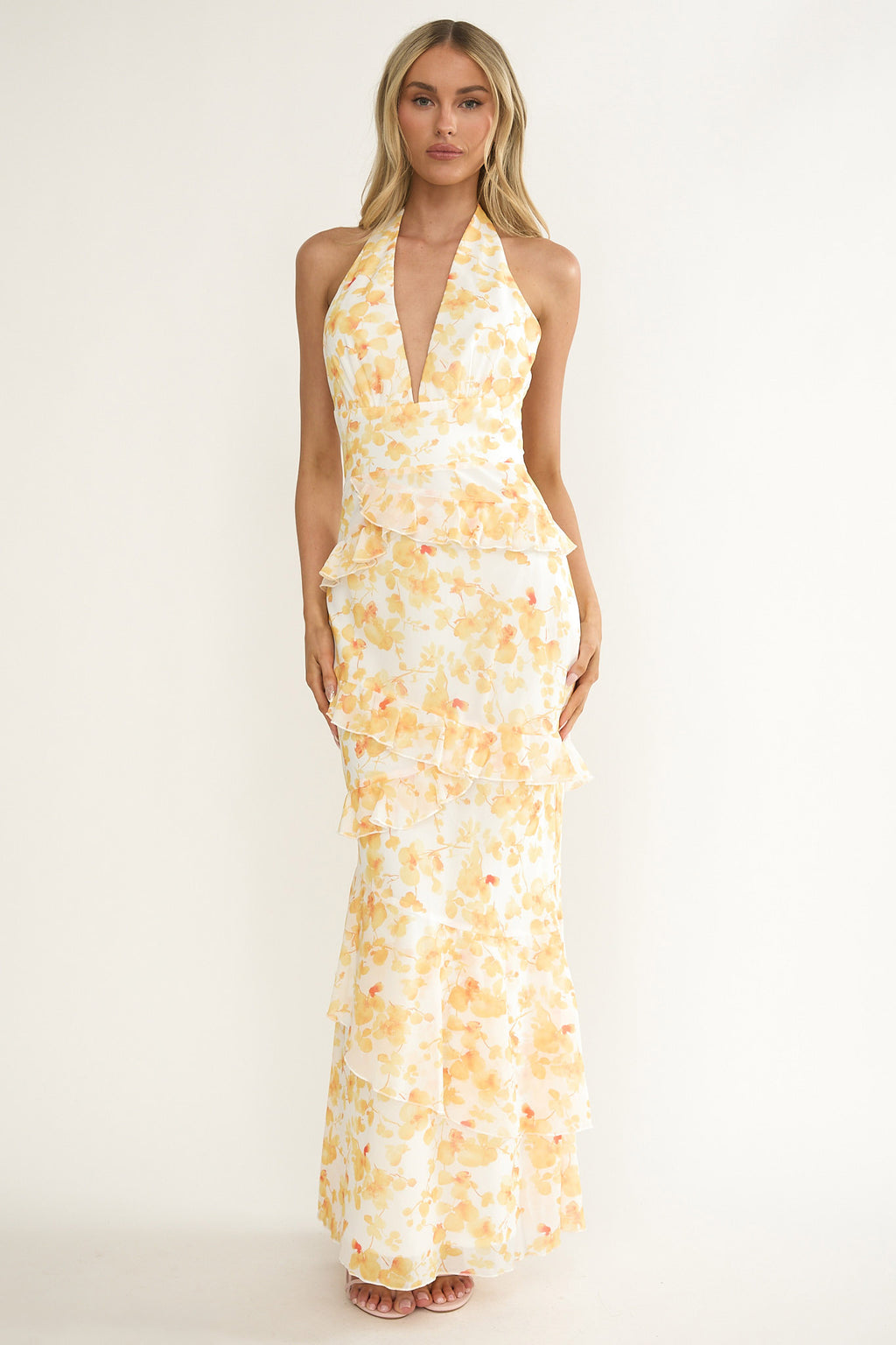 Cipriana Frill Trim Halter Maxi Dress Floral Yellow by Selfie Leslie Australia