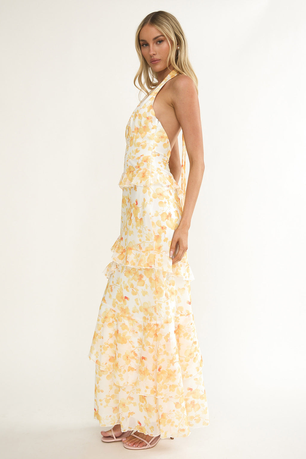 Cipriana Frill Trim Halter Maxi Dress Floral Yellow by Selfie Leslie Australia