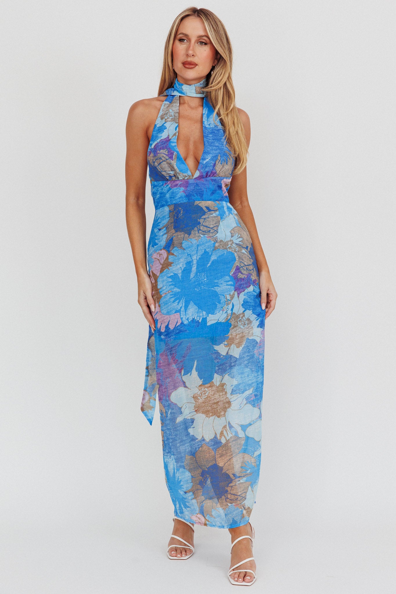 Cipriana Backless Halter Maxi Dress Floral Blue by Selfie Leslie Australia