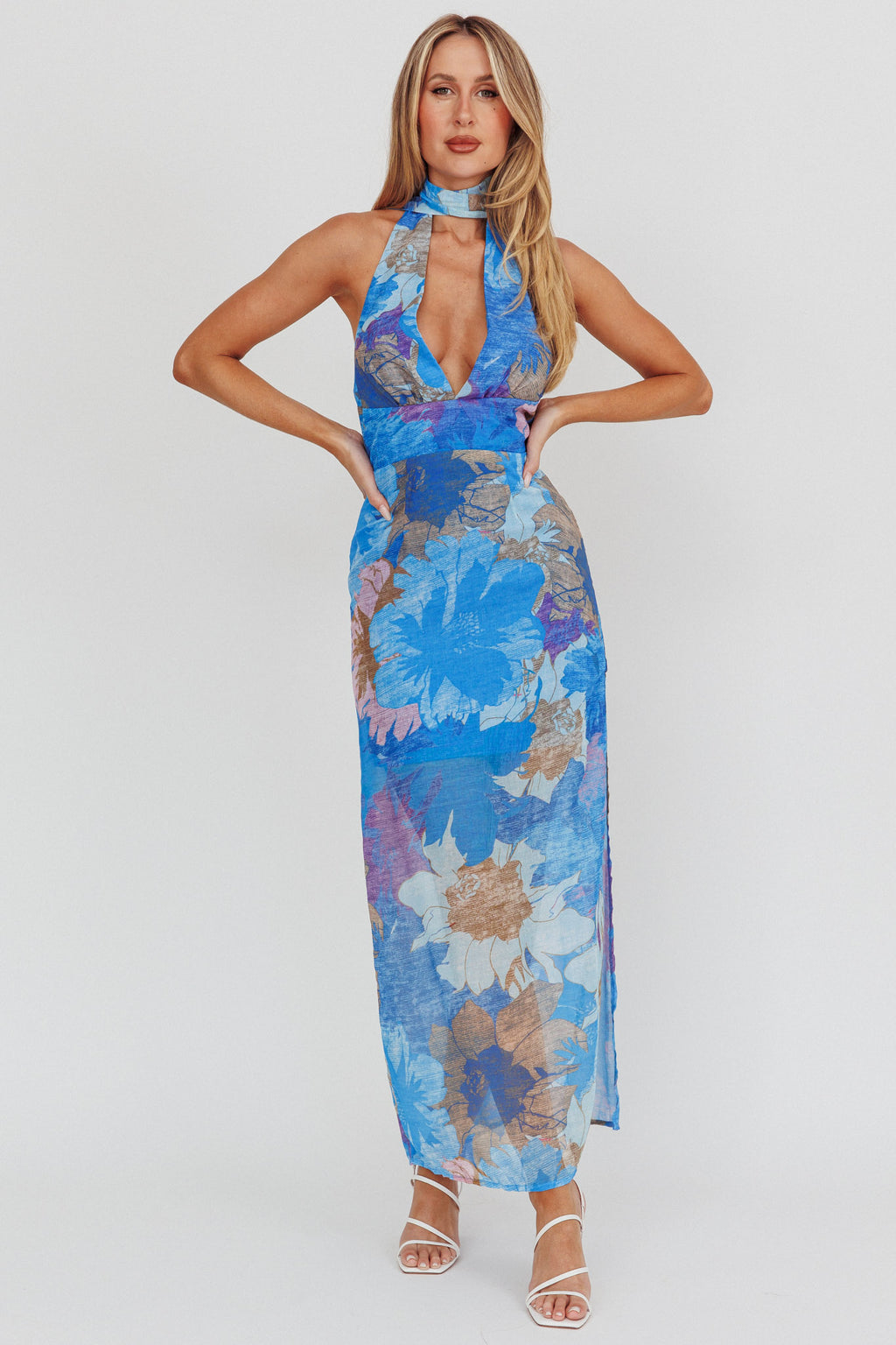 Cipriana Backless Halter Maxi Dress Floral Blue by Selfie Leslie Australia