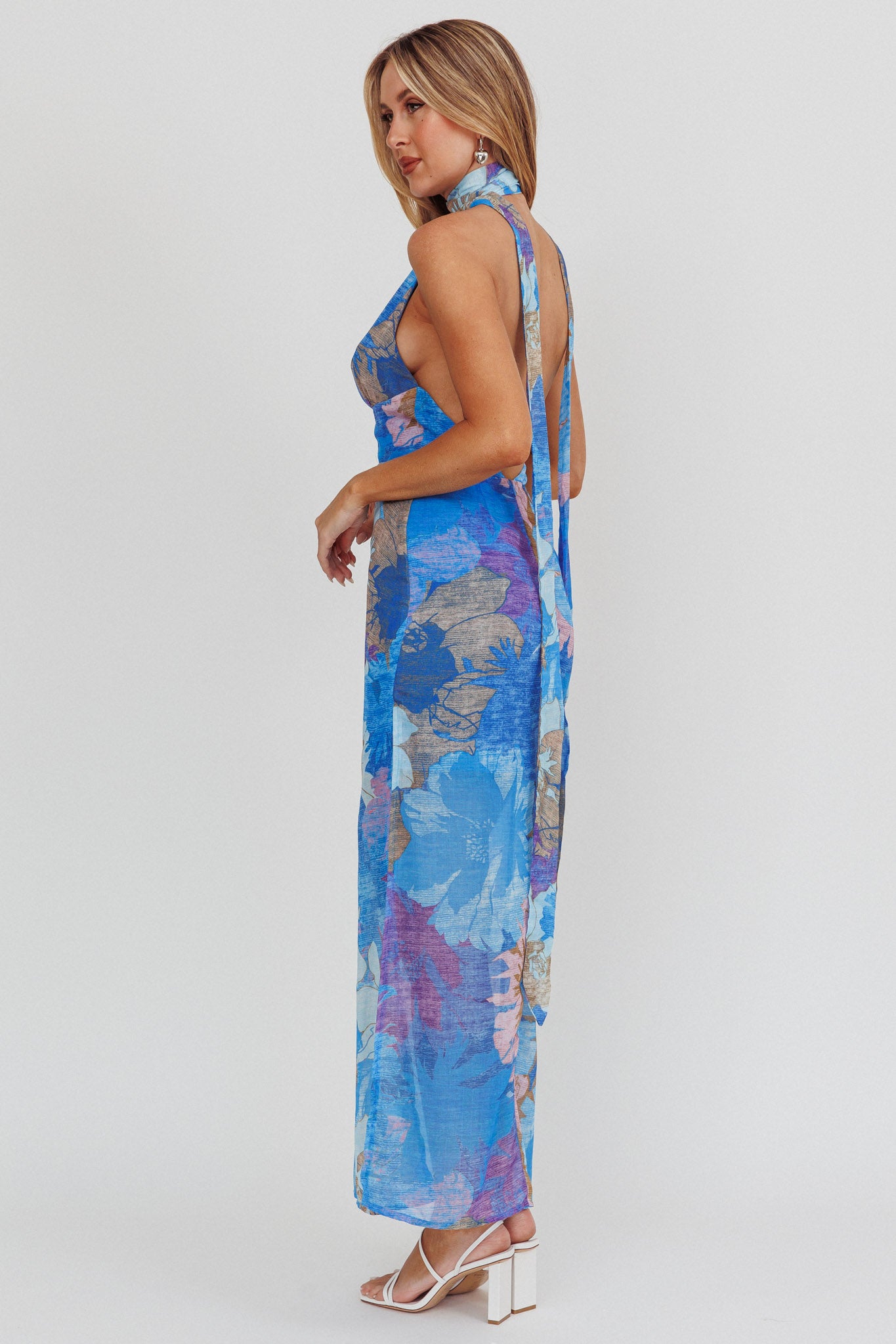 Cipriana Backless Halter Maxi Dress Floral Blue by Selfie Leslie Australia
