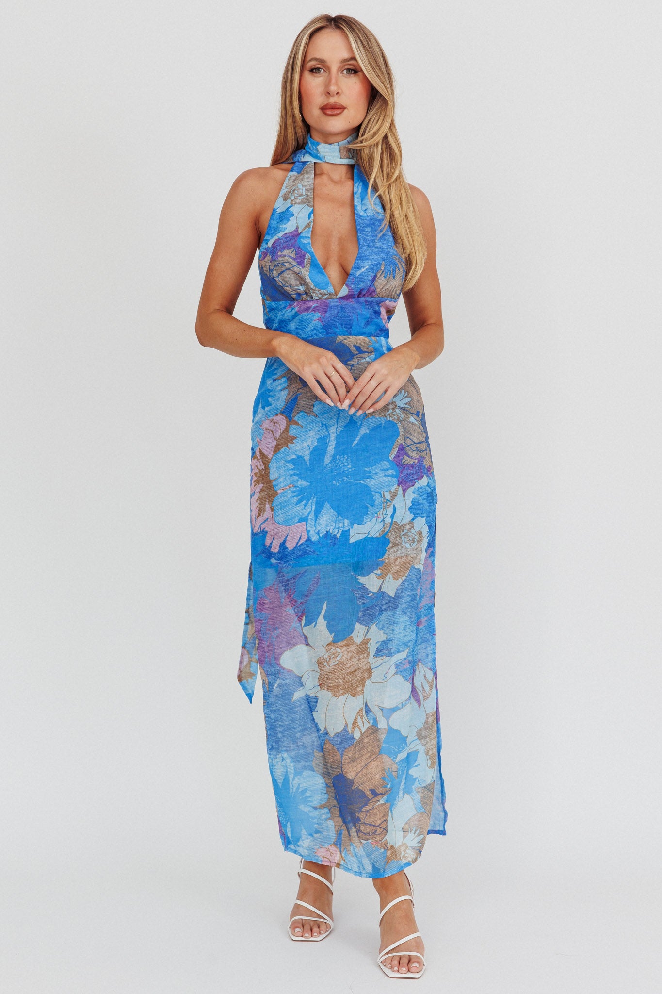 Cipriana Backless Halter Maxi Dress Floral Blue by Selfie Leslie Australia