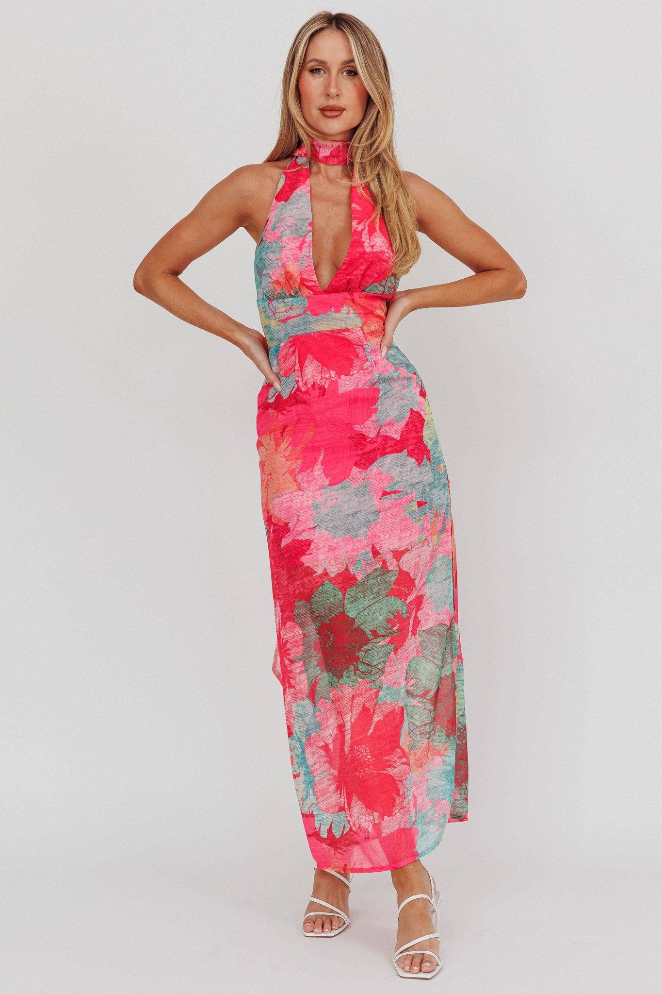 Cipriana Backless Halter Maxi Dress Floral Fuchsia by Selfie Leslie Australia