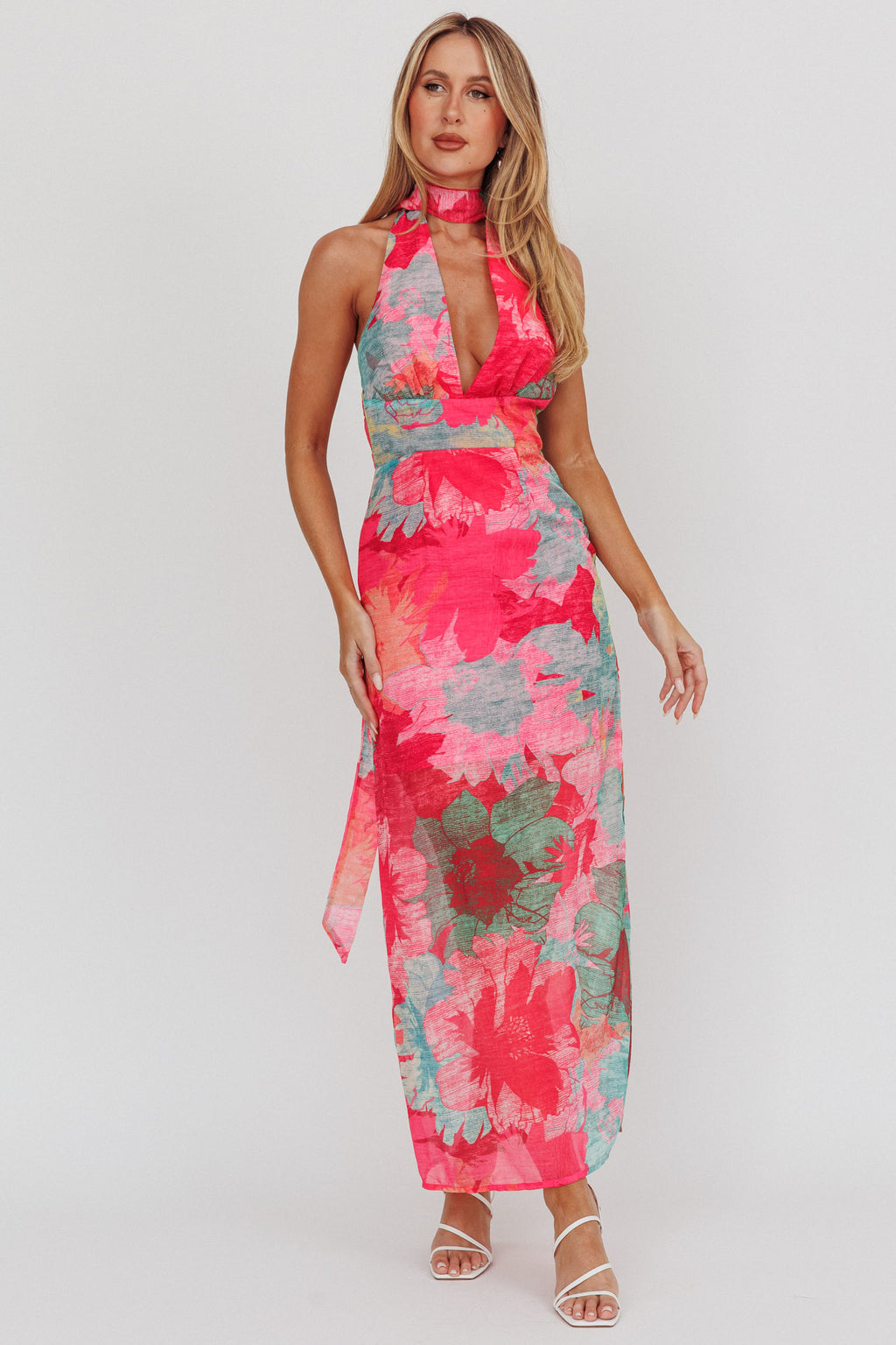 Cipriana Backless Halter Maxi Dress Floral Fuchsia by Selfie Leslie Australia