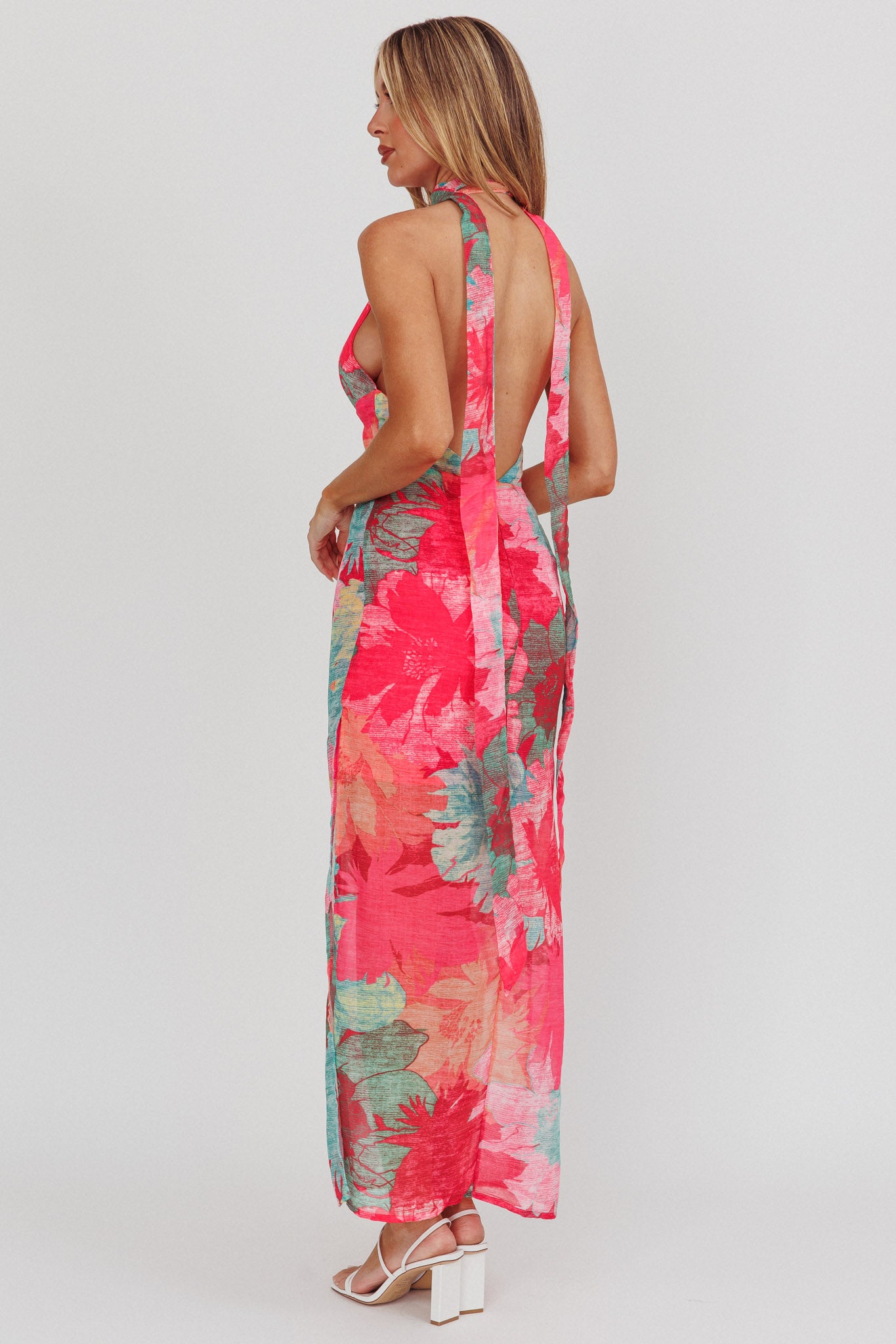 Cipriana Backless Halter Maxi Dress Floral Fuchsia by Selfie Leslie Australia